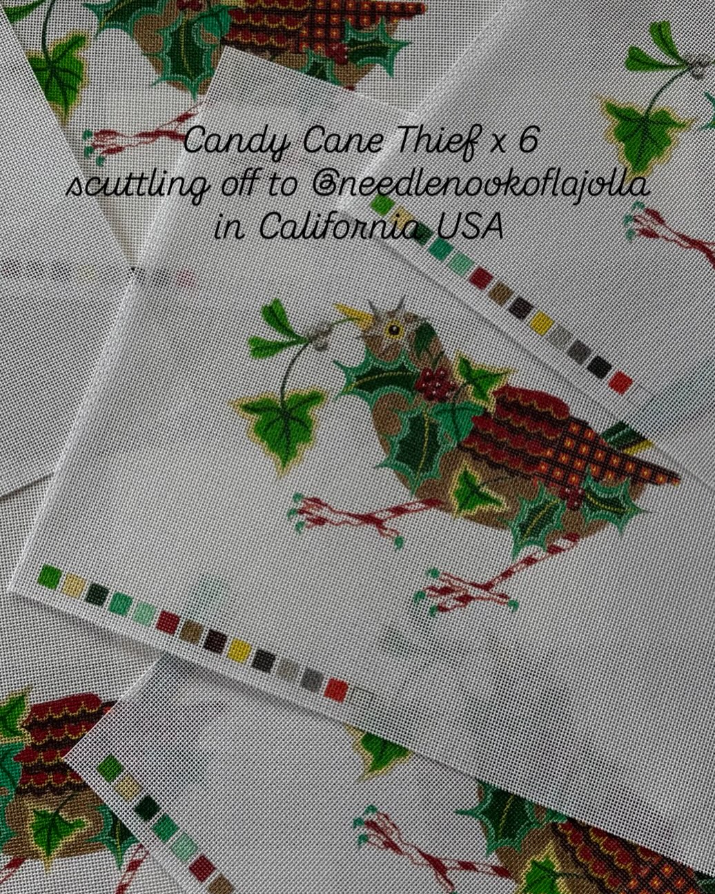Six ‘Candy Cane Thief’ hand-painted canvases scuttling off to @needlenookoflajolla ready for their holiday inventory🎄#nicolajarvisstudio #thehandpaints #needlepoint #christmas