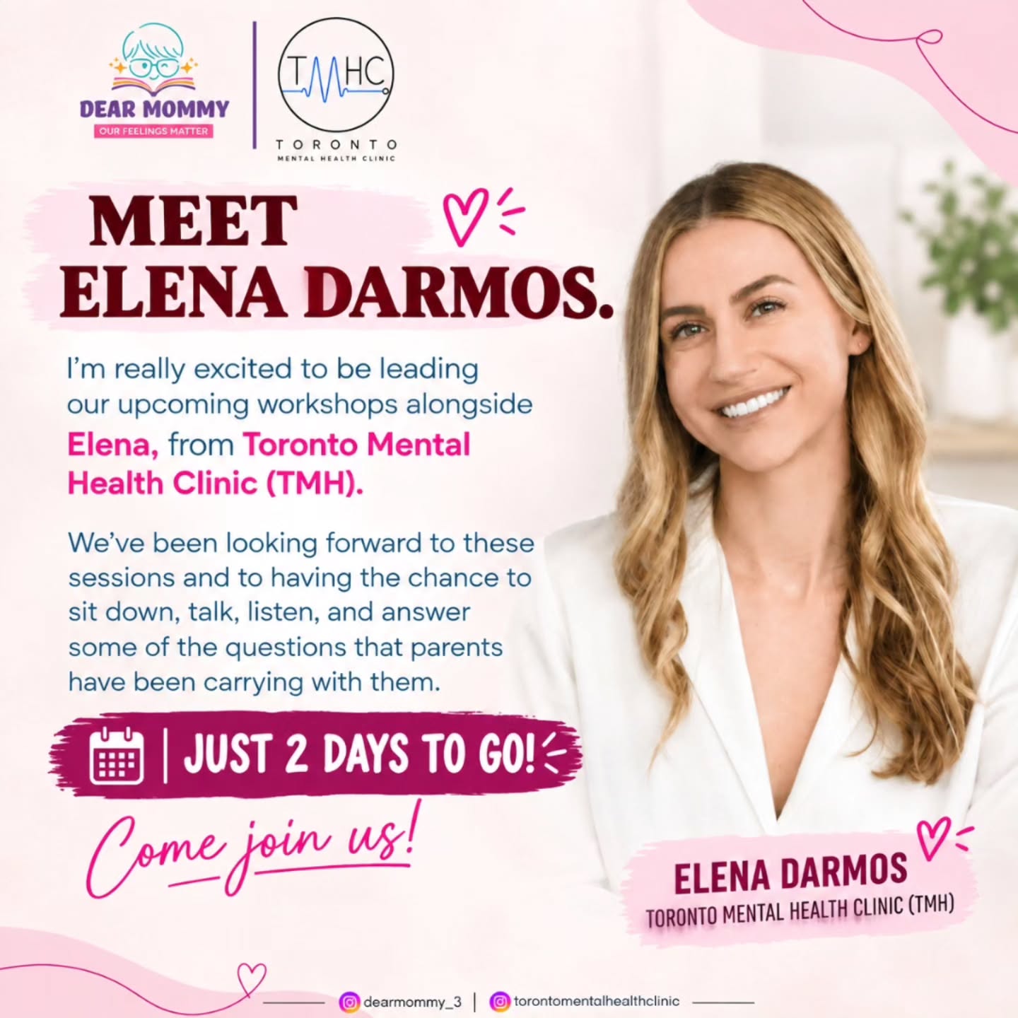 2 days to go! 💗
I’m really looking forward to our first ADHD Parent Workshop and to spending some time with you, alongside Elena Darmos from Toronto Mental Health Clinic.
If you’ve been wondering where to start, have questions you’ve been holding onto, or simply want to listen and learn — come join us.
There’s no need to have everything figured out. Just bring your questions, your experiences, and come as you are. ❤️
📅 September 16
💻 Free • Virtual • For Parents
Register now through the link in our bio.
— Dr. Robin Baweja
#adhd #mentalhealthawareness #freeworkshop
#parentsupport #torontomentalhealthclinic