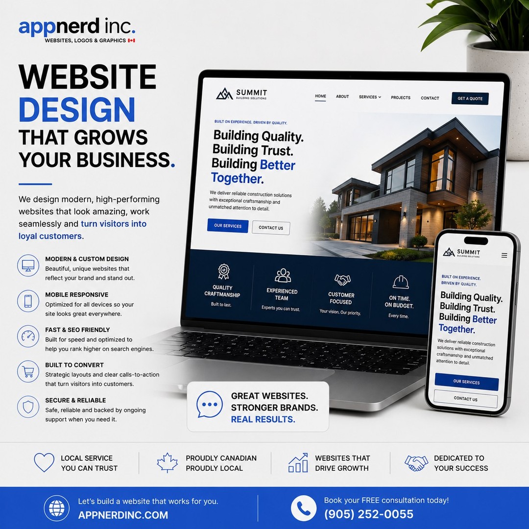 💻 Your website should be your hardest-working employee.
It's working long after you've closed for the day.
It's answering questions before you pick up the phone.
It's creating first impressions before you've had a chance to introduce yourself.
Is your website doing all of that... or is it just taking up space online?
At AppNerd Inc., we design custom websites that are built to do more than look good. We create digital experiences that build trust, generate leads, and help businesses grow.
✨ Our Website Design Services Include:
💻 Custom Website Design
📱 Mobile-Friendly & Responsive
⚡ Fast, Secure & SEO Optimized
🛒 E-Commerce Solutions
📅 Online Booking Systems
🔧 Ongoing Website Maintenance & Support
Every website is built around your business, your goals, and your customers.
🇨🇦 Proudly Canadian. Proudly Local.
No cookie-cutter templates.
No hidden surprises.
Just professional websites designed to showcase your business and help you stand out online.
Whether you're starting a new business, refreshing your current website, or ready to take your online presence to the next level, we're here to help.
Let's build a website that works just as hard as you do.
📩 Contact AppNerd Inc. today for your FREE consultation.
🌐 www.appnerdinc.com
#WebsiteDesign #WebDesign #CustomWebsite #ResponsiveDesign #EcommerceWebsite