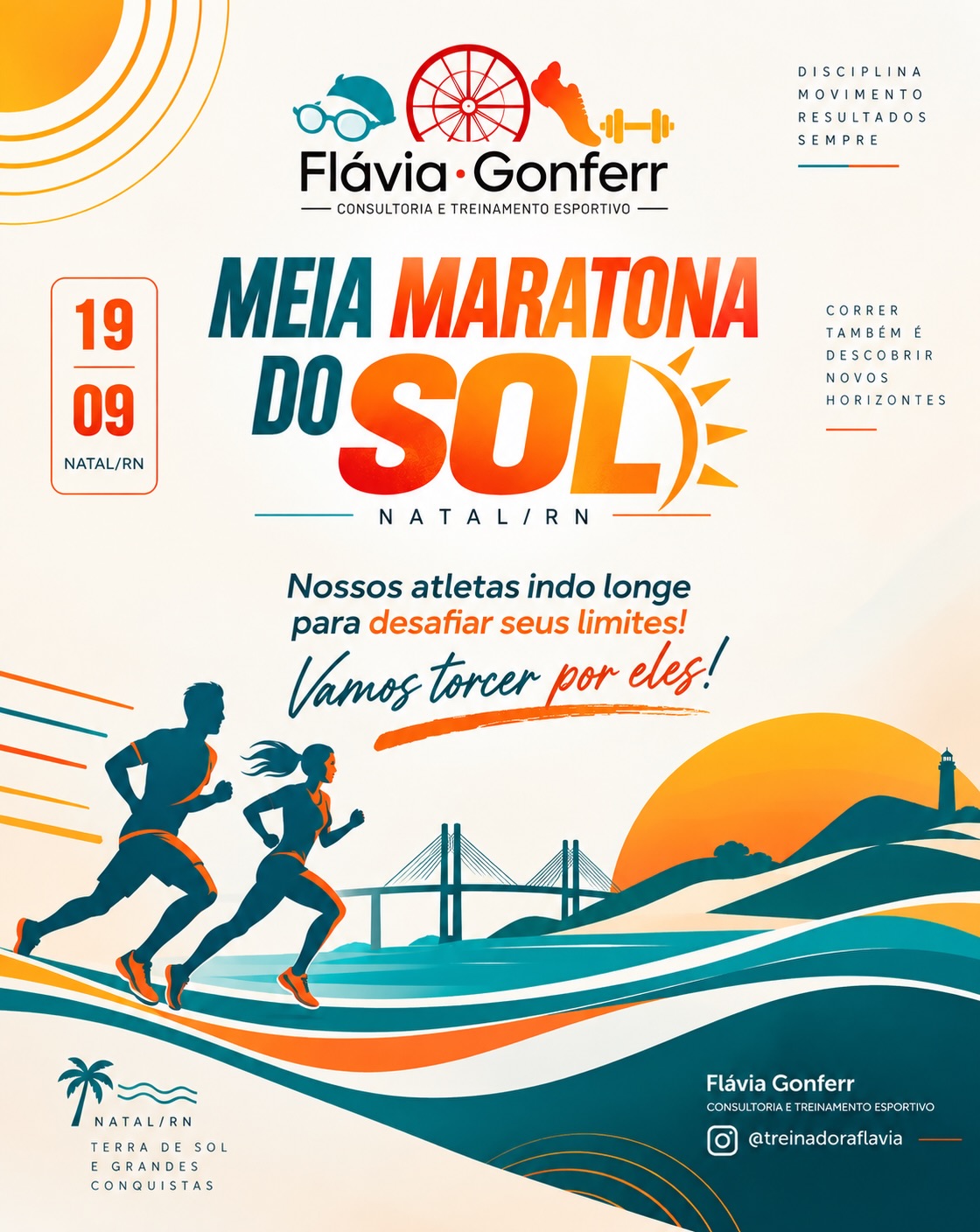 Natal vai sentir a força do nosso time!
Vamos transformar treino, disciplina e coragem em conquista. Estamos daqui, vibrando, torcendo e correndo junto com vocês em cada km!
VAI, TEAM FLÁVIA GONFERR! 💪🧡
O Sol é de vocês! ☀️🏅