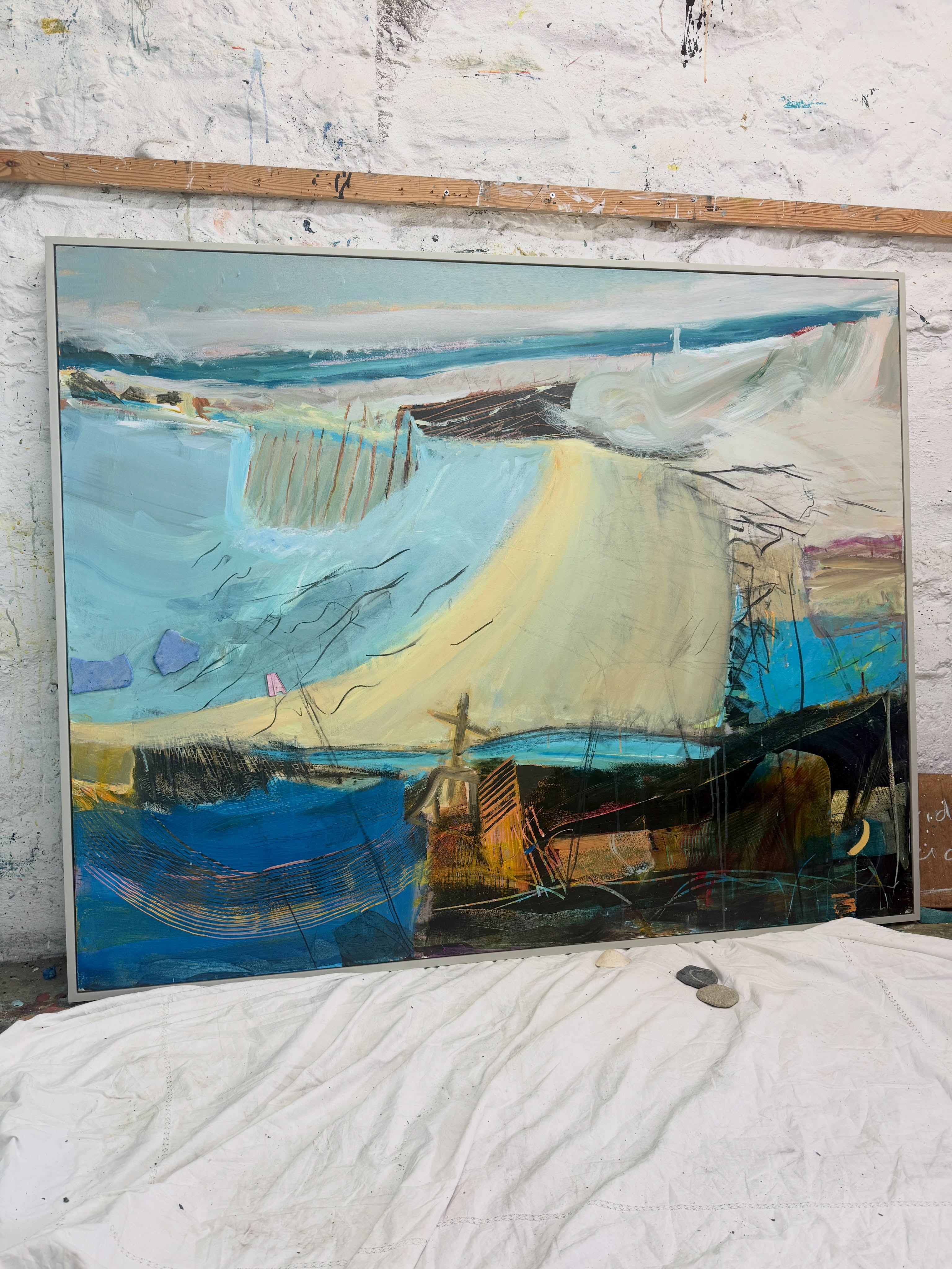 ‘Loe Bar’, 122 x 152cm, acrylic and mixed media with collaged flotsam on canvas. Plus cropped details showing mark making, layering and surface development. Part of my Odysseys solo exhibition opening this coming week featuring 60 abstract landscape paintings with @cornwallcontemporary in Penzance, West Cornwall. Hope to see you there!🤞
Loe Bar Beach is a half-mile sand and shingle barrier separating Cornwall’s largest natural freshwater lake, The Loe, from the sea near Helston and Porthleven.
#cornwallartist #britishcontemporaryart #abstractlandscape #landscapepaintings #landscapepainter