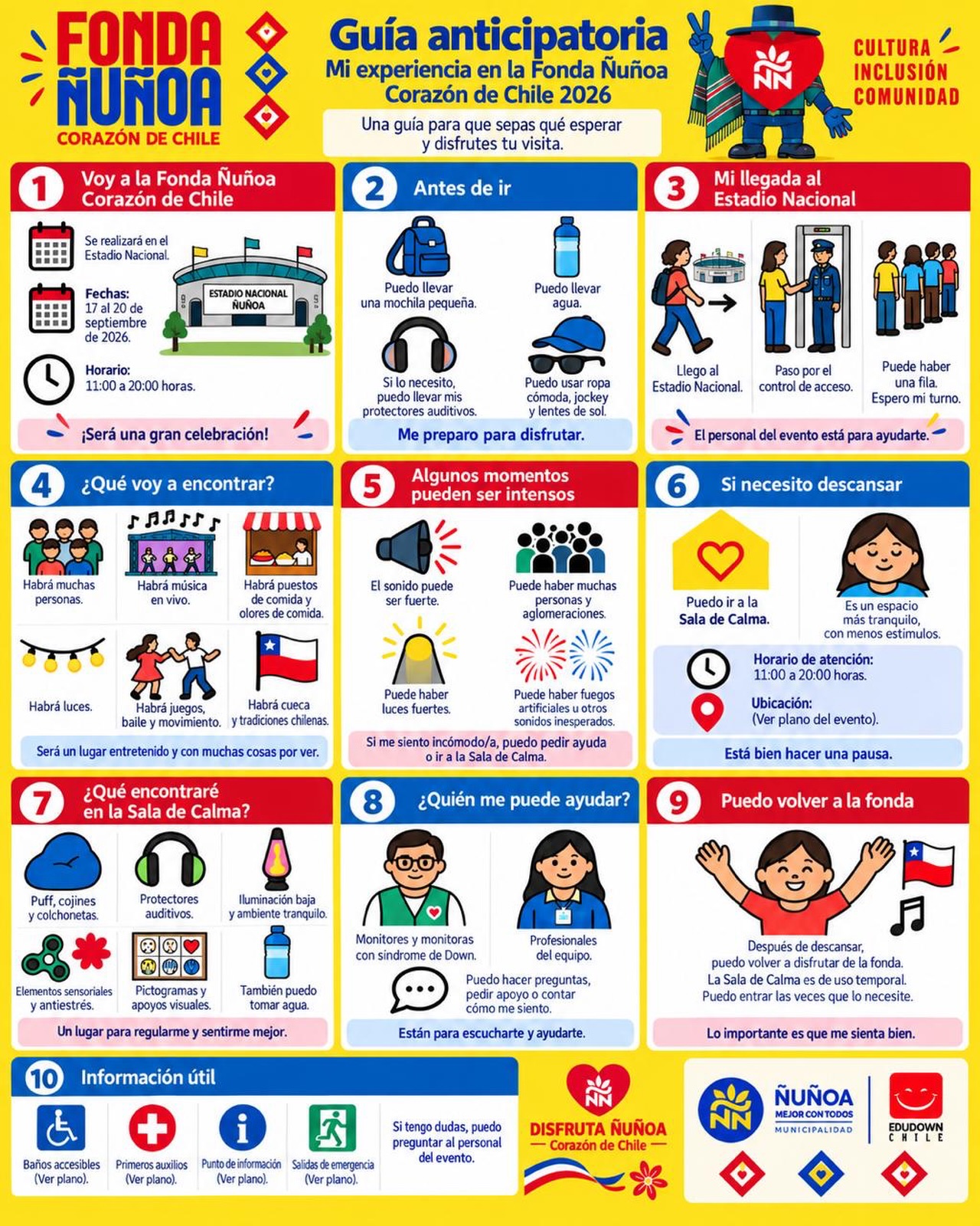 🇨🇱 ¡Estas Fiestas Patrias celebramos la inclusión!
Gracias al convenio entre Edudown y la Municipalidad de Ñuñoa, habilitaremos una Sala de la Calma en la Fonda de Ñuñoa, que se realizará en el Estadio Nacional.
Este espacio permitirá que las personas que lo necesiten puedan regularse, descansar de los estímulos y luego continuar disfrutando de la celebración. La iniciativa reconoce y respalda las distintas formas de disfrutar, relacionarse y participar en una actividad social: el entorno se adapta, acompaña e incluye. 💛
Además, compartimos una guía anticipatoria elaborada junto al Departamento de Inclusión de la Municipalidad de Ñuñoa, para que las familias puedan conocer previamente el lugar y prepararse para asistir.
Queremos que todas las personas se sientan parte de nuestras tradiciones y vivan una celebración realmente inclusiva.
¡Los esperamos! 🎉
#Edudown #MunicipalidadDeÑuñoa #SalaDeLaCalma #FiestasPatrias