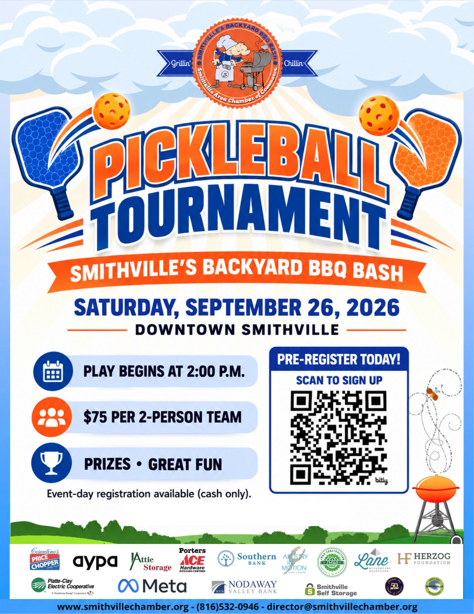 🏓 Grab a partner and join us at Snack Daddy’s in Downtown Smithville for the Smithville Backyard BBQ Bash Pickleball Tournament!
📅 Saturday, September 26
⏰ Play begins at 2:00 p.m.
📍 Snack Daddy’s
💵 $75 per two-person team
🏆 Prizes and plenty of great competition!
Pre-registration is recommended. Scan the QR code on the flyer or our website (linked in our bio) to secure your team’s spot! Event-day registration will also be available with cash payment.
Stick around and enjoy the BBQ competition, Main Street District Market, contests, Whiskey Social and more happening throughout Downtown Smithville! 🔥
#SmithvilleMO #SmithvilleBBQBash #PickleballTournament #DowntownSmithville #SmithvilleChamber
