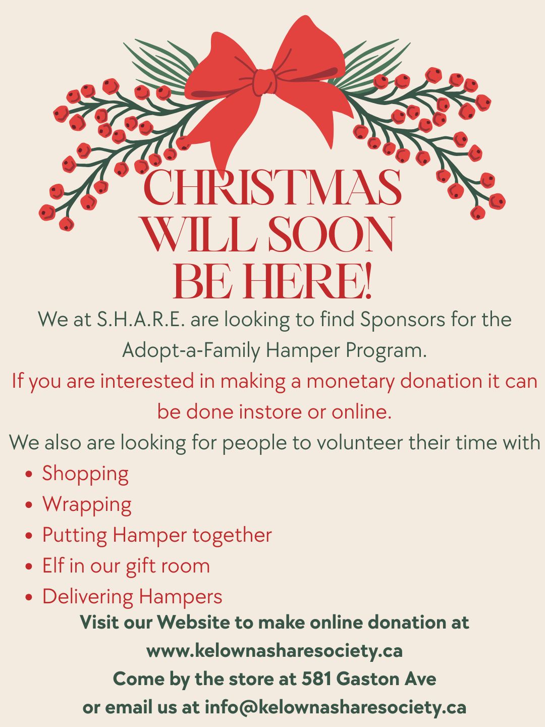A call out to Sponsors for this years Adopt-a-Family Hamper Program.
It's never too early to donate.