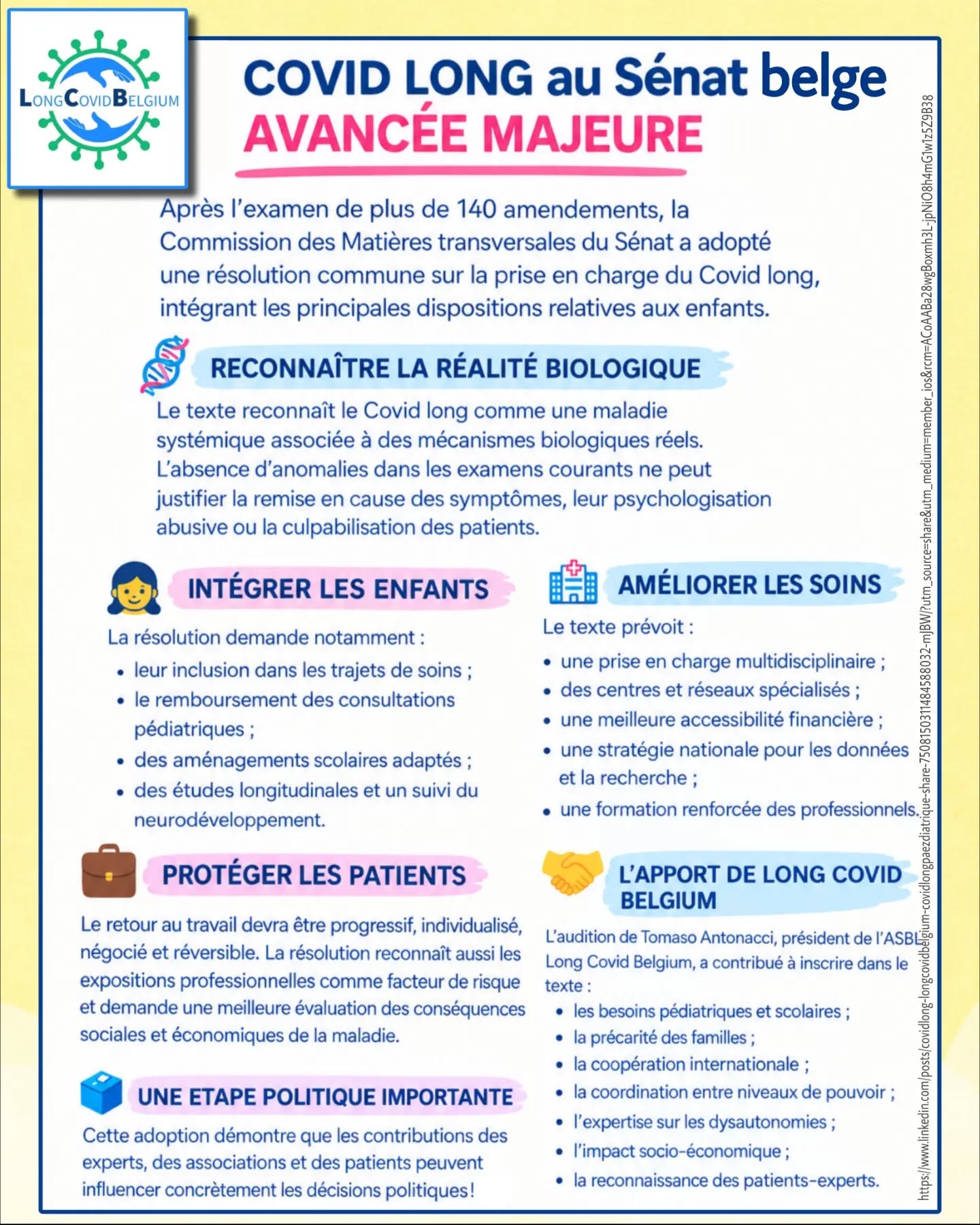 🇧🇪 Une avancée importante pour le #CovidLong en Belgique !
Nous félicitons @longcovidbelgium , les patients-experts, les associations et les professionnels auditionnés pour leur contribution à l’adoption d’une résolution commune par la commission des Matières transversales du Sénat belge.
🧵👇
Cette résolution porte notamment sur la reconnaissance du #CovidLong comme maladie systémique, les parcours de soins, la recherche, la formation des professionnels et les conséquences socio-économiques.
🧒 Elle intègre également des dispositions relatives aux enfants : soins pédiatriques, aménagements scolaires, études longitudinales et suivi du neurodéveloppement.
Une place est aussi accordée aux patients-experts et à l’expertise associative.
👏 Cette mobilisation collective mérite d’être saluée.
🇫🇷 Et en France, où en sommes-nous ?
Le 1er juillet 2025, le Conseil d’État a rendu une décision importante à la suite du recours de @covidlongsolidarite concernant la loi n° 2022-53 du 24 janvier 2022, dite « loi Zumkeller ».
⚖️ Il a annulé le refus implicite du Gouvernement de prendre le décret d’application de cette loi et lui a enjoint de prendre les dispositions réglementaires nécessaires dans un délai de 12 mois à compter de la notification de la décision.
Le Conseil d’État a notamment relevé que les mesures déjà mises en place ne permettaient pas de répondre aux objectifs de référencement, de surveillance et de recherche sur le #CovidLong prévus par la loi.
📅 Ce délai de 12 mois devait donc conduire à une échéance en 2026, selon la date de notification de la décision.
❓ Ministère de la Santé, où en sommes-nous aujourd’hui ?
Le décret d’application de la loi Zumkeller a-t-il été publié ?
❓ Si ce n’est pas le cas, quelles sont les raisons de ce retard malgré la décision du Conseil d’État ?
❓ Quel calendrier précis le Gouvernement entend-il respecter pour assurer l’application de cette loi ?
❓ Quelles mesures sont prévues pour garantir un référencement national, améliorer les parcours de soins et soutenir la surveillance et la recherche sur le #CovidLong ?
⏬Suite en commentaire⏬ @sante_gouv @stephanie.rist @gouvernementfr @conseildetat_fr