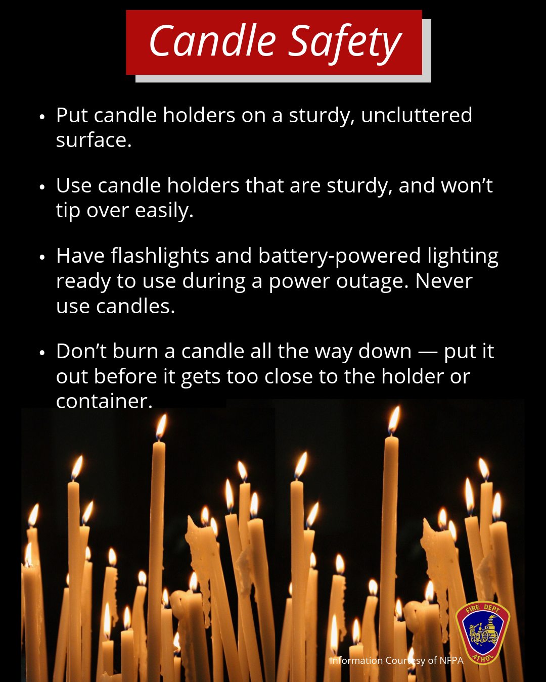Cozy vibes, safe habits. 🕯️
As the weather cools down and homes get cozier, keep your household safe this fall with these simple candle safety reminders.
#AtholFire #CandleSafety