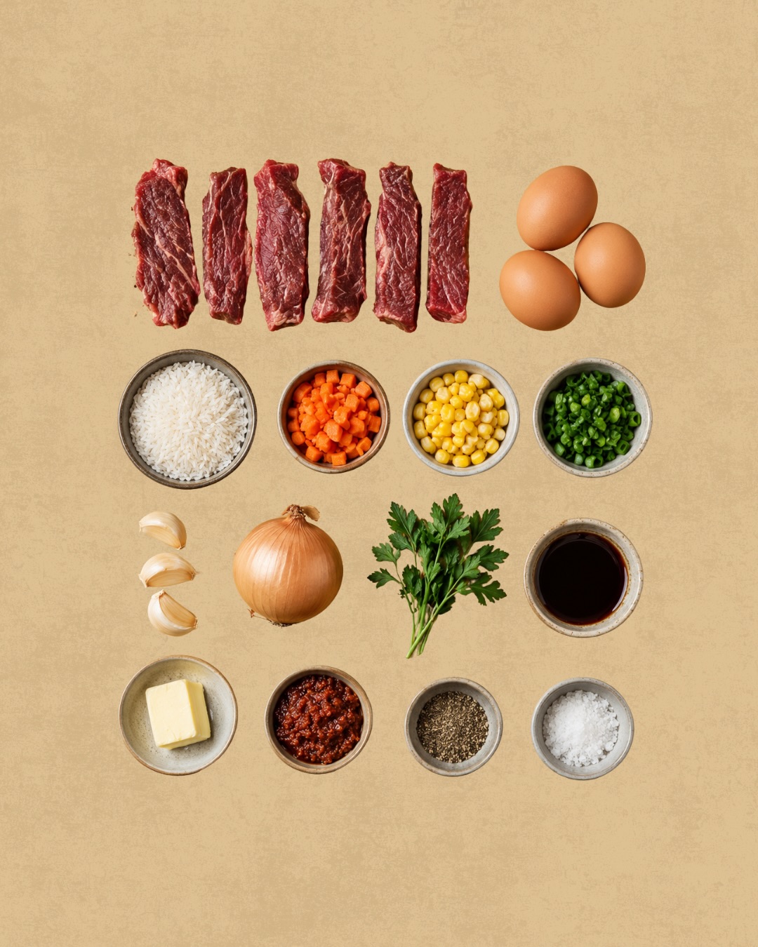 For mornings that mean business. Skirt steak and dirty rice, finished with soft, creamy scrambled eggs.