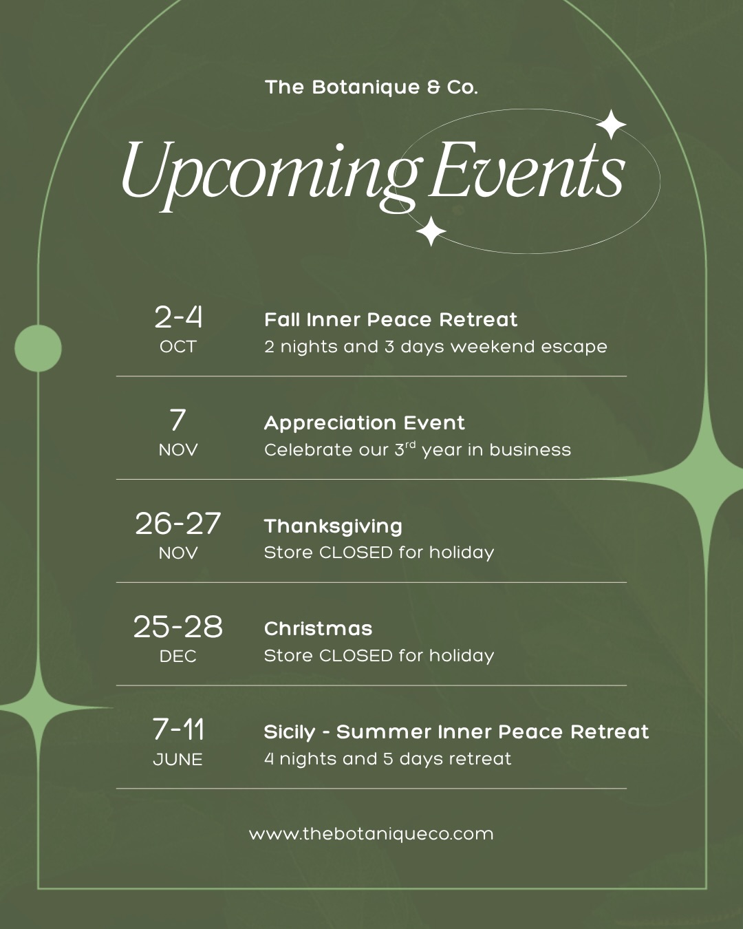 At our sustainable gift shop, we’re building a community rooted in love and kindness.
We’re excited to announce our upcoming events and for holiday hours update
Friday to Sunday: October 2-4
Fall Inner Peace Retreat.
Saturday, November 7
Appreciation Event (Our 3rd Years Celebration)
Thursday & Friday, November 26-27
Our store CLOSED for Thanksgiving holiday
December holiday hours update
We will be open daily from 10am-6pm
Store CLOSED for Christmas holiday (December 25-28)
We open for Summer Inner Peace Retreat in Sicily, Italy
June 7-11, 2027 (4 night and 5 days transformation)
DM us for more details.
Our online shop always OPEN 24/7 to browse and shop at a link below ⬇️
www.thebotaniqueco.com
#thebotaniqueandco #event