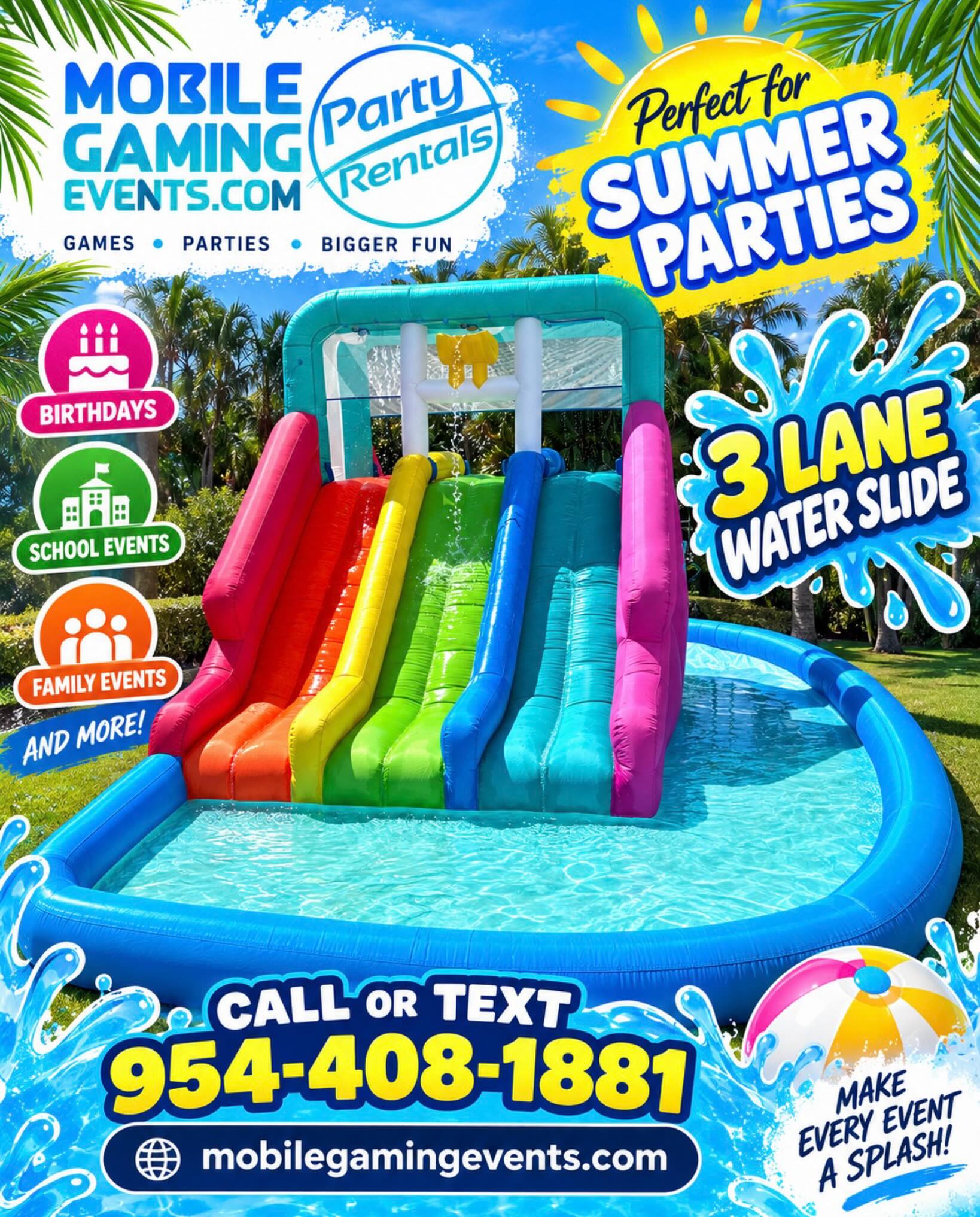 ๐ฆ 3 LANE WATER SLIDE RENTAL ๐ฆ
๐ Call or Text 954-408-1881
๐ mobilegamingevents.com
๐ฒ Instagram @mobilegamingevents
Make your next summer party a splash with our colorful 3 Lane Water Slide Inflatable! โ๏ธ๐ Three lanes mean more kids can race, slide, and cool off at the same time.
Perfect for birthday parties, school events, family celebrations, summer camps, community events, HOA parties, and more. Bring the water park fun right to your event!
โ๏ธ Beat the heat and make your next party unforgettable!
#watersliderental #inflatablerental #summerparty #kidsbirthdayparty #southfloridaparties