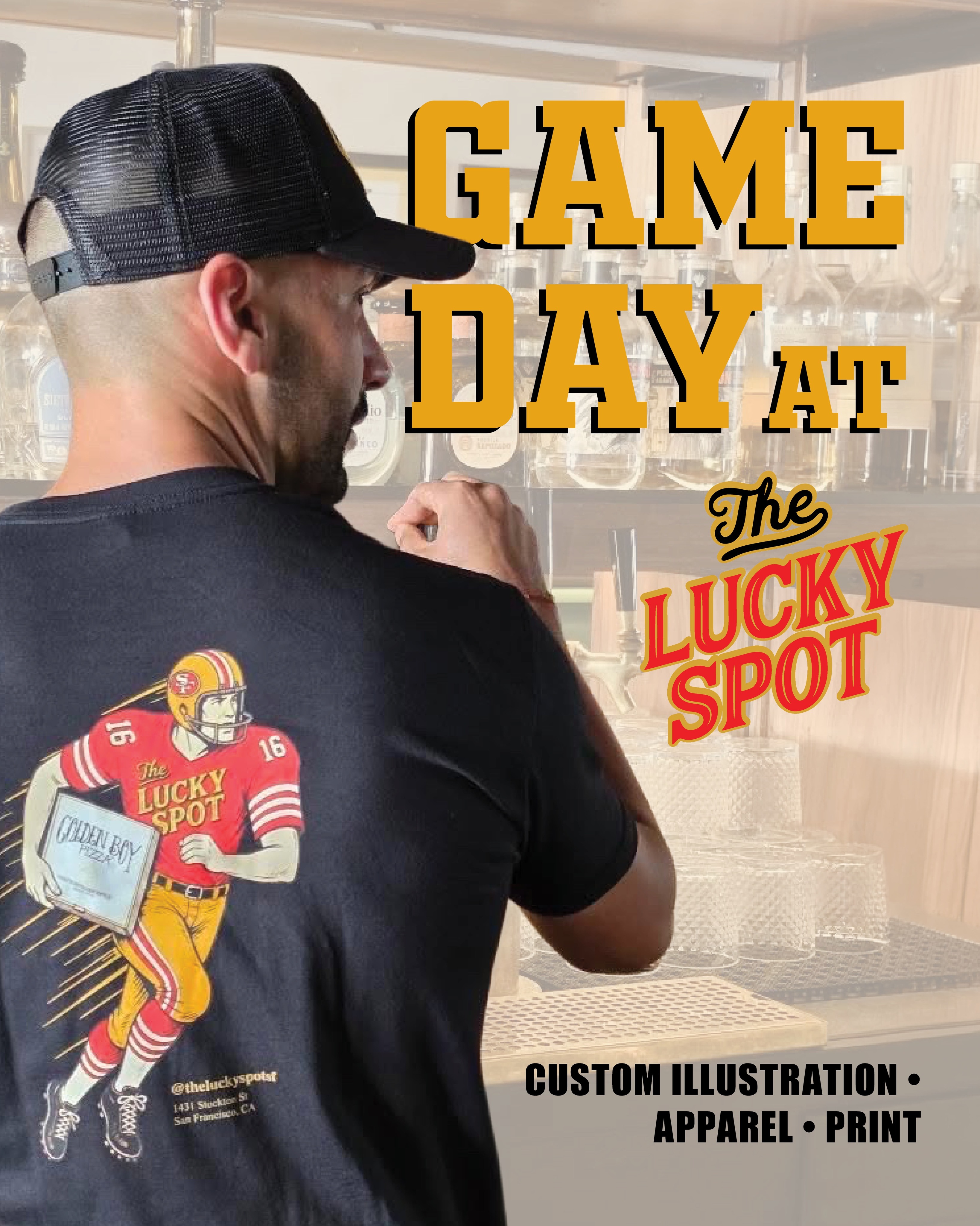 Here's a little more about my last posted reel. A game-day project for The Lucky Spot in SF 🏈 Custom illustration, apparel design and production, plus a two-sided tabletop flyer. #customillustration #fromdigitaltoprint #graphicdesign #apparel #print