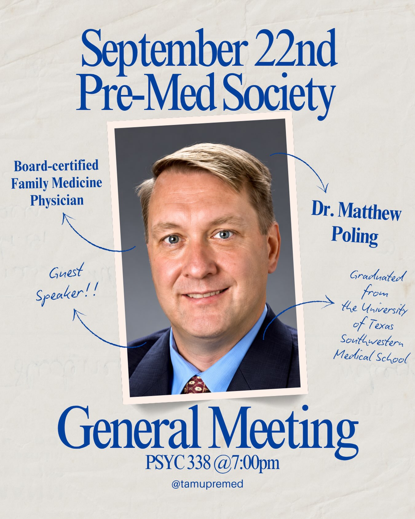 Come hear from our guest speaker, Dr. Matthew Poling, and learn about Family Medicine, his journey as a physician, and what it truly means to practice medicine at this week’s general meeting!
🗓️ September 22nd
⏰ 7:00pm-8:00pm
📍 PSYC 338