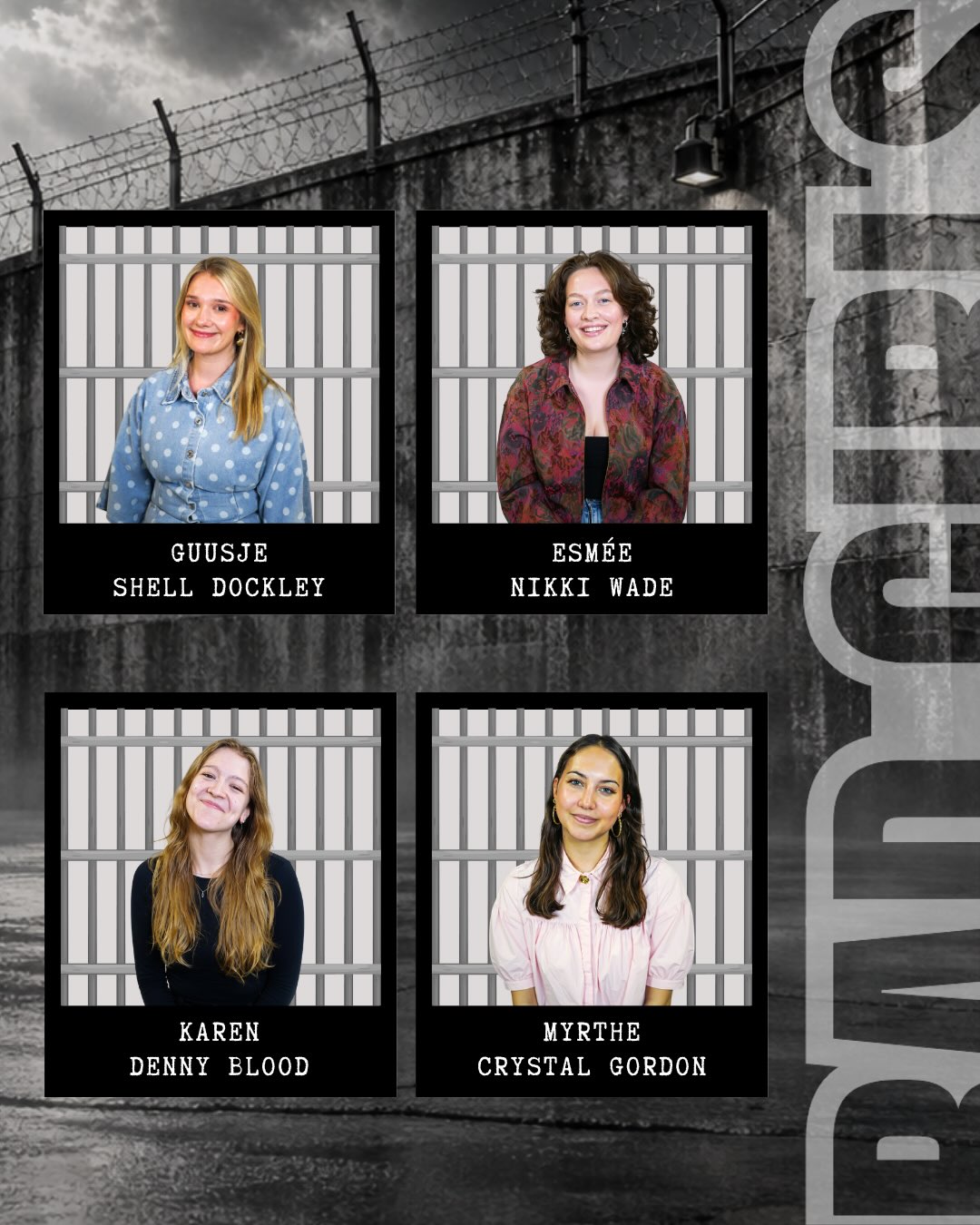 Meet the cast || Bad Girls
Maak kennis met Guusje, Esmée, Karen, Myrthe, Amber, Floor, Eva en Amie!👮🏼♂️⛓️👠
Meet the cast || Bad Girls
Maak kennis met Guusje, Esmée, Karen, Myrthe, Amber, Floor, Eva en Amie!👮🏼♂️⛓️👠