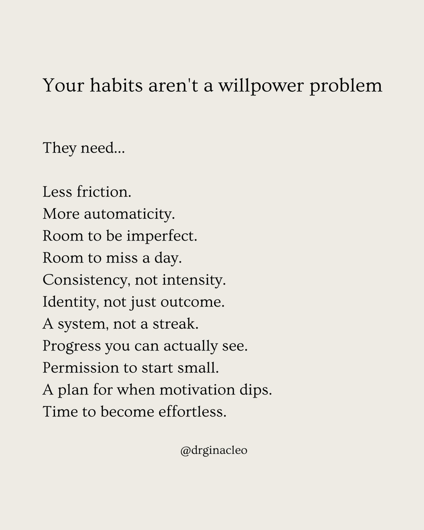 💥 Willpower was never the missing ingredient.
Habits stick when the conditions around them make sticking easier. That means removing friction instead of relying on grit, building systems instead of chasing streaks, and leaving room to miss a day without beating yourself up about it. 😌
Consistency beats intensity every time. Progress you can see keeps you going long after motivation runs out (use a habit tracker for this) 🗓️
Save this for the next time you’re tempted to think you just need more self-control. 🤗