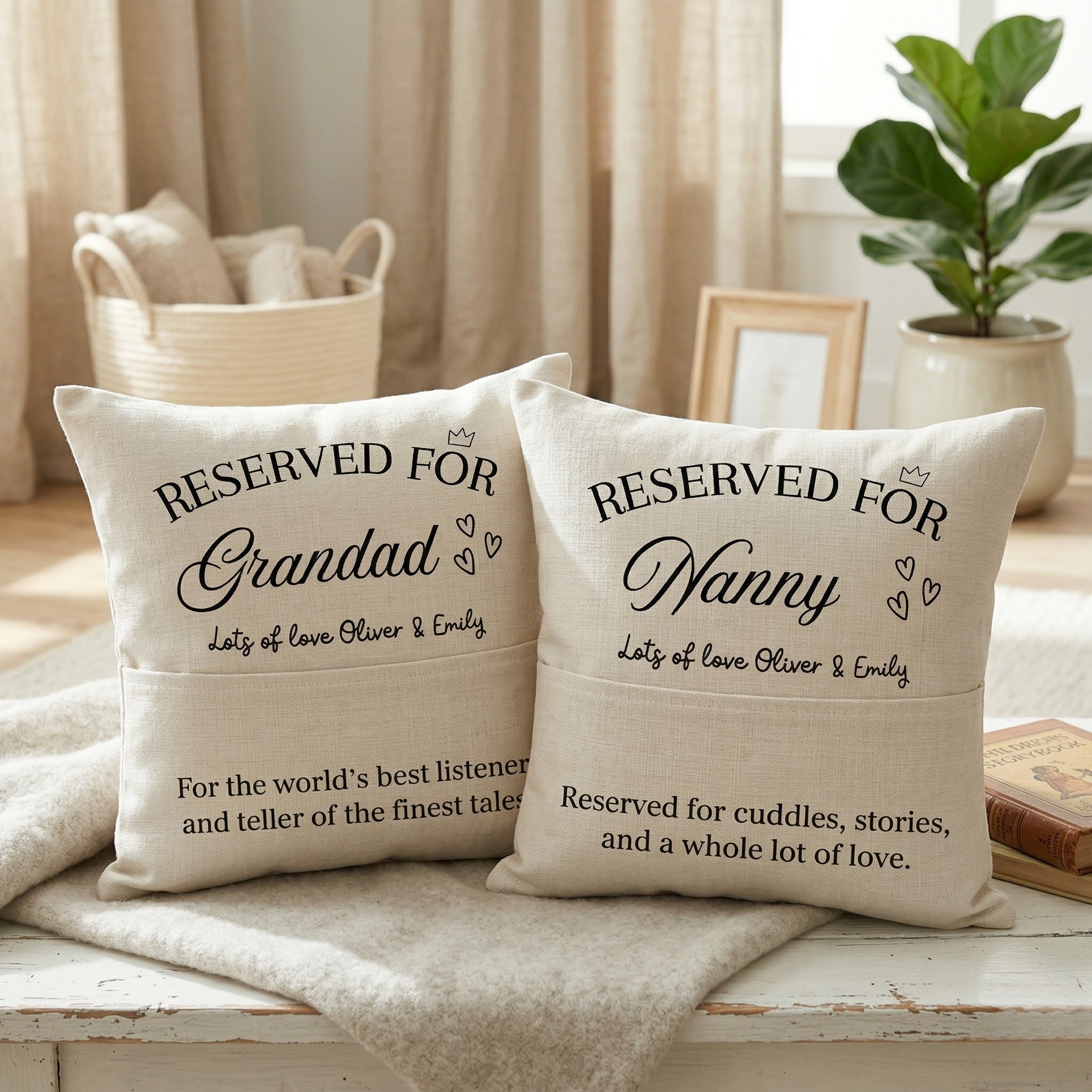 Give Nanny and Grandad the best seat in the house with our personalised pocket cushions. 🛋️✨ Featuring a clever front pocket designed to hold storybooks or reading glasses, these custom cushions make a thoughtful and practical gift. 📖👵👴 Add your grandchildren's names for a special touch that will look beautiful on any armchair or sofa. ❤️ Shop the collection on our webshop or Etsy shop today. 🎁
#PersonalisedCushion #GrandparentsGift #PocketCushion #CustomHomeDecor #UKGiftShop