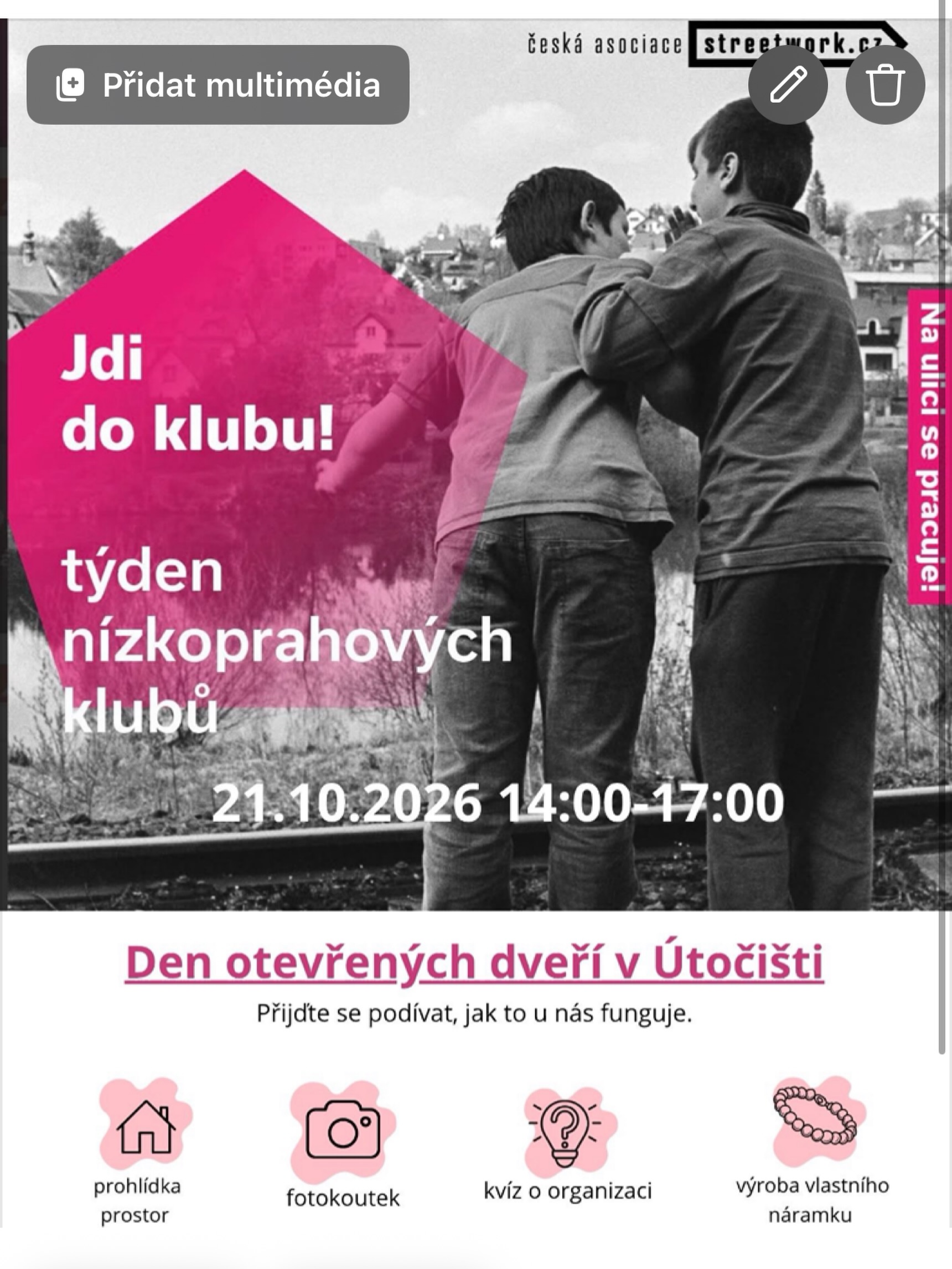 👋 Přijďte se podívat k nám do Útočiště!
Zveme vás na Den otevřených dveří, kde můžete nahlédnout pod pokličku nízkoprahového klubu a zjistit, co u nás děláme. 💗
Čeká vás prohlídka prostor, fotokoutek, kvíz o organizaci, výroba vlastního náramku a spousta dalšího. 🎨📸
📅 21. 10. 2026
🕑 14:00–17:00
📍 Útočiště