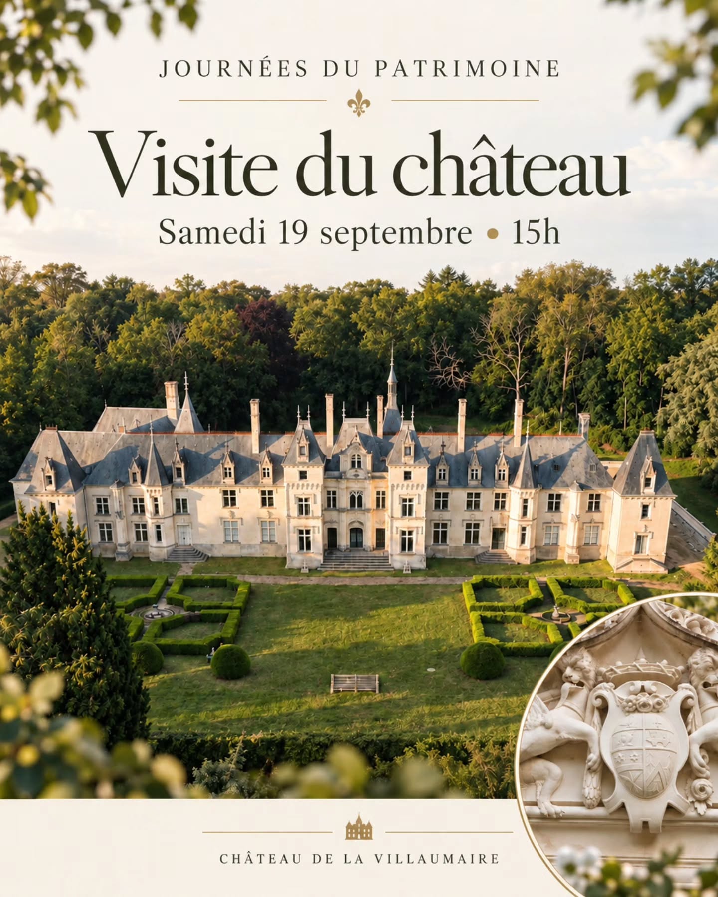 Journées du Patrimoine au Château de La Villaumaire 🤍
À l’occasion des Journées du Patrimoine, le château ouvrira ses portes pour une visite guidée le samedi 19 septembre à 15h.
La visite sera menée par la fille des propriétaires, qui vous racontera l’histoire du château, ses décors, ses pièces emblématiques, mais aussi les travaux entrepris par la famille pour préserver et faire vivre ce lieu.
Pendant environ 1h30, vous découvrirez un château privé, habité, restauré avec passion, où chaque pièce raconte une époque, une transformation, une histoire.
La visite se terminera par un rafraîchissement.
Samedi 19 septembre — 15h
Tarif : 12 €
20 places seulement
Réservation obligatoire
#chateaudelavillaumaire
#journeesdupatrimoine
#visitechateau
#touraine
#patrimoine