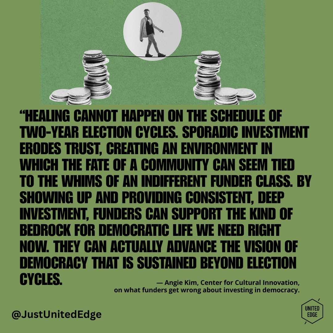 You cannot fund democracy only when there is an election to save.
Too often, philanthropy treats democracy as a campaign to be protected every two years rather than a system that must be built, and rebuilt, every day.
This article challenges funders to look beyond conventional pro-democracy organizations and invest in the communities where democratic power is actually built: through self-determination, collective ownership, mutual aid, cultural spaces and local decision-making.
It also asks funders to rethink how they give. Listen to communities. Fund beyond traditional nonprofits. Trust people with unrestricted resources. Invest for the long term. Read more here: https://bit.ly/4h8YeJq
#Democracy #Philanthropy #ShiftThePower #CommunityPower #ParticipatoryDemocracy #TrustBasedPhilanthropy #SocialJustice #CivilSociety #CommunityLed #JusticeBasedApproach