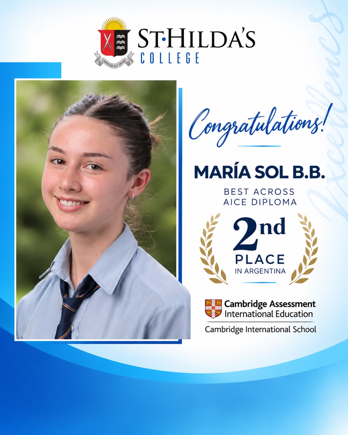 It is with immense pride that we share the results of the Outstanding Cambridge Learner Awards! @essarpcentre
Presented by Cambridge International Education, these awards recognise students who achieve outstanding results among thousands of students from more than 40 countries.
We are proud to celebrate:
🏆 Best across AICE Diploma
María Sol B.B. – 2nd place in Argentina
🏆 High Achievement
Camila Belén P. – Biology (AS Level)
Lorenzo M. – Music (IGCSE)
These achievements reflect our students’ talent, dedication and perseverance, as well as the commitment of our teachers who guide them throughout their learning journey.
They also reaffirm St. Hilda’s commitment to an ambitious, forward-thinking education that prepares students for the challenges of the 21st century.
Congratulations! 🎓✨
…………………………………..
¡Con inmenso orgullo compartimos los resultados de los Outstanding Cambridge Learner Awards!
Otorgados por Cambridge International Education, estos premios reconocen a estudiantes con resultados sobresalientes entre miles de alumnos de más de 40 países.
Celebramos especialmente a:
🏆 Best across AICE Diploma
María Sol B.B. – 2.º puesto en Argentina
🏆 High Achievement
Camila Belén P. – Biology (AS Level)
Lorenzo M. – Music (IGCSE)
Estos logros reflejan el talento, la dedicación y la perseverancia de nuestros alumnos, junto con el compromiso de nuestros docentes, que los acompañan a lo largo de su trayectoria.
También reafirman el compromiso de St. Hilda’s con una educación ambiciosa y orientada al futuro, que prepara a nuestros estudiantes para los desafíos del siglo XXI.
¡Felicitaciones! 🎓✨
#sthildas #college #performance #exams #cambridge