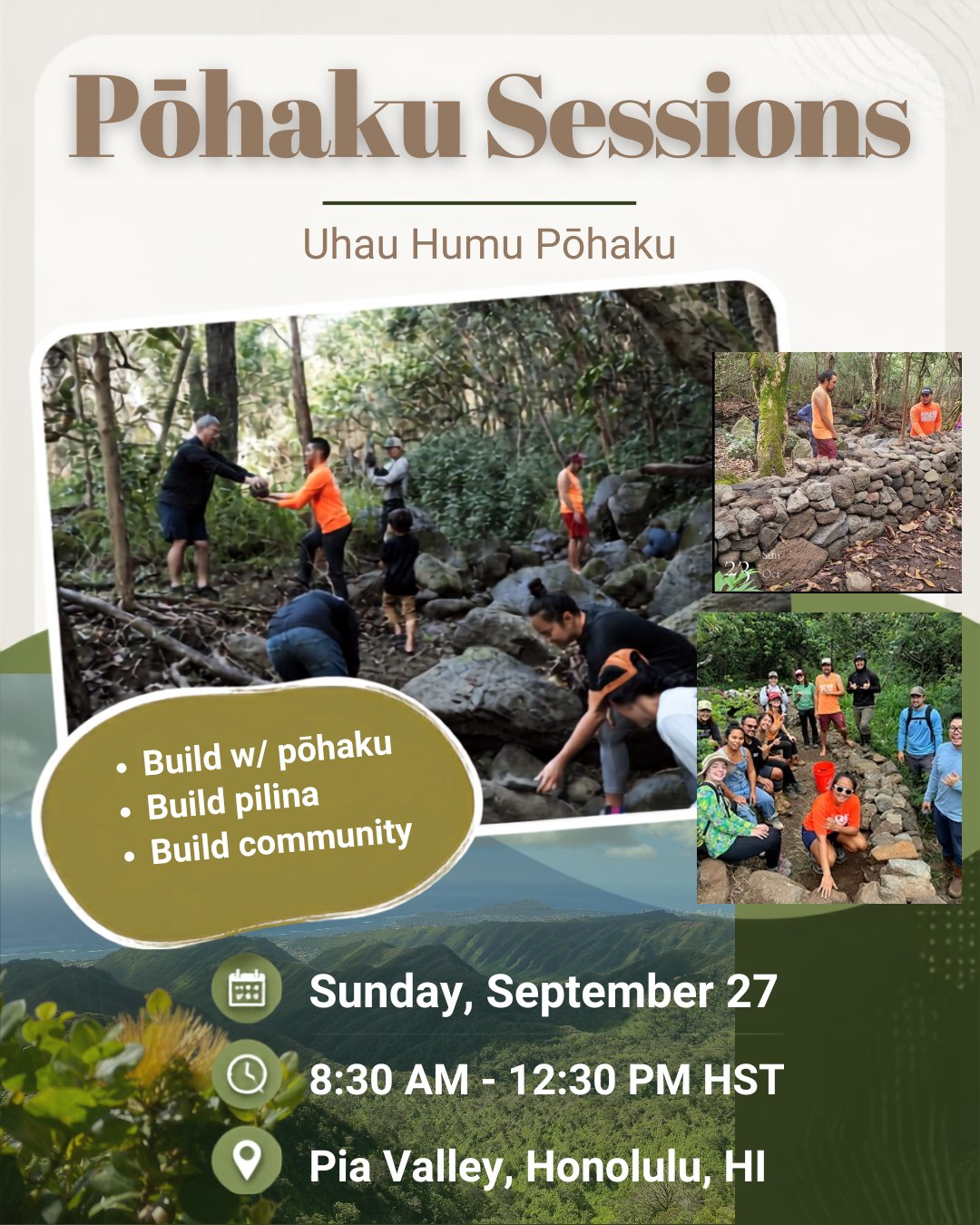 A special opportunity to learn the cultural practice of Uhau humu pōhaku from Kumu Kimeona Kane and his hui at Pia Valley! Weaving rock, friendships, history...
You're invited: Pōhaku Sessions (Uhau humu pōhaku) Pia Valley w/ Kimeona Kane