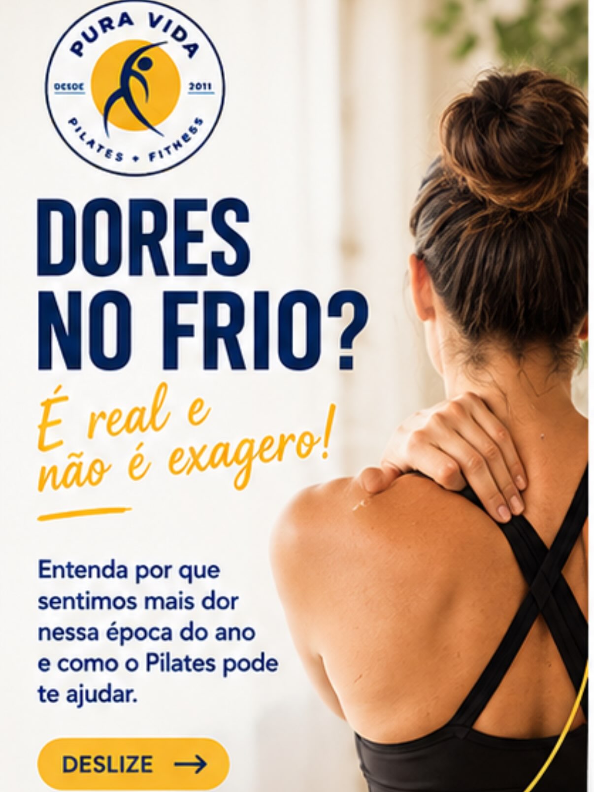No frio, você sente mais dores e tensão muscular? Não é impressão!
Com as temperaturas mais baixas, nosso corpo tende a ficar mais rígido e os músculos podem permanecer mais contraídos. Resultado: mais tensão, menos mobilidade e aquela sensação de dor e desconforto.
E é justamente aí que o Pilates pode ser um grande aliado! 💙
✨ Melhora a mobilidade
✨ Fortalece a musculatura
✨ Trabalha postura e equilíbrio
✨ Reduz tensões musculares
✨ Promove mais consciência corporal
✨ Ajuda você a se movimentar melhor
Não espere a dor aparecer para cuidar do seu corpo. ❤️
Neste inverno, movimente-se, fortaleça-se e cuide de você!
📲 Agende sua aula experimental no Pura Vida Pilates
99360-9889
📍 Rua Cidade de São Sebastião, 185 – loja 3
Pura Vida Pilates — mais saúde, mais equilíbrio, melhores resultados. 💙
#PuraVidaPilates #Pilates #PilatesSBC #SãoBernardoDoCampo #DorNoFrio DorMuscular TensãoMuscular Mobilidade QualidadeDeVida SaúdeEBemEstar PilatesParaTodos