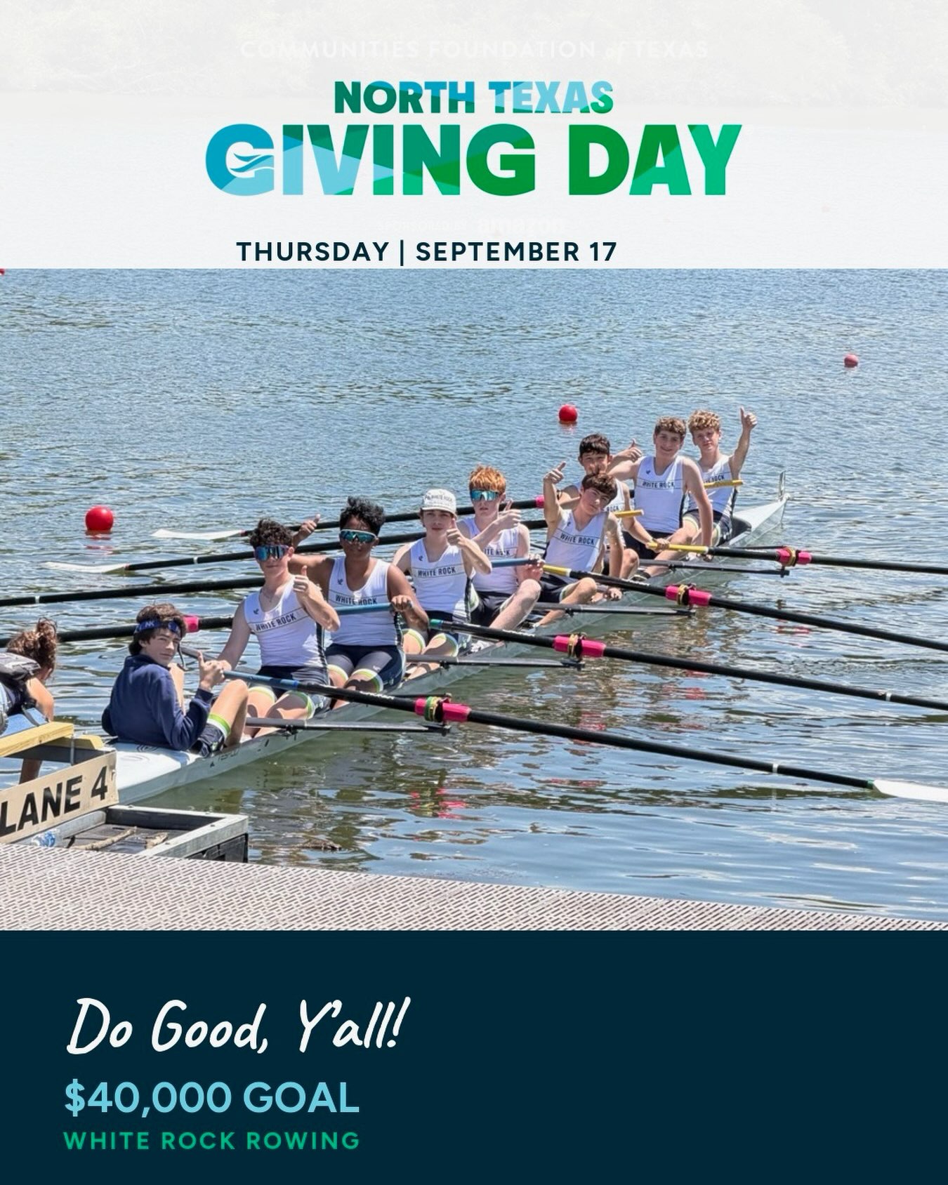 North Texas Giving Day is this Thursday!
We’re working toward a $40,000 goal to provide the equipment and resources the kids need - from boats and oars to safety launches, engines, and a better weight room.
Please help spread the word and donate by sharing and visiting the fundraising link in our Bio!
Let’s Go White Rock!!