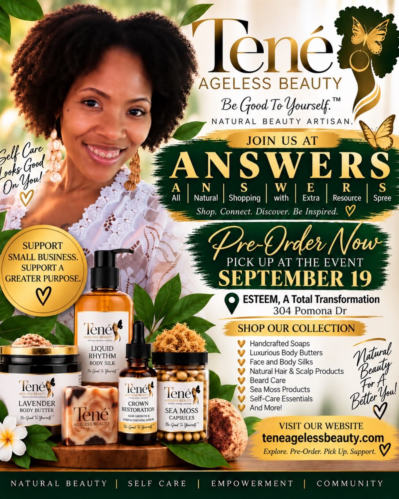 All Natural products in one place. Come join us and love on your skin and body. Also, Naturals by Nina will be in the house with your natural@hair shampoo, hair mask and creams. Aa well as a muscle cramp cream!!!! #loveyourself #Esteem #Coachdonnakaye