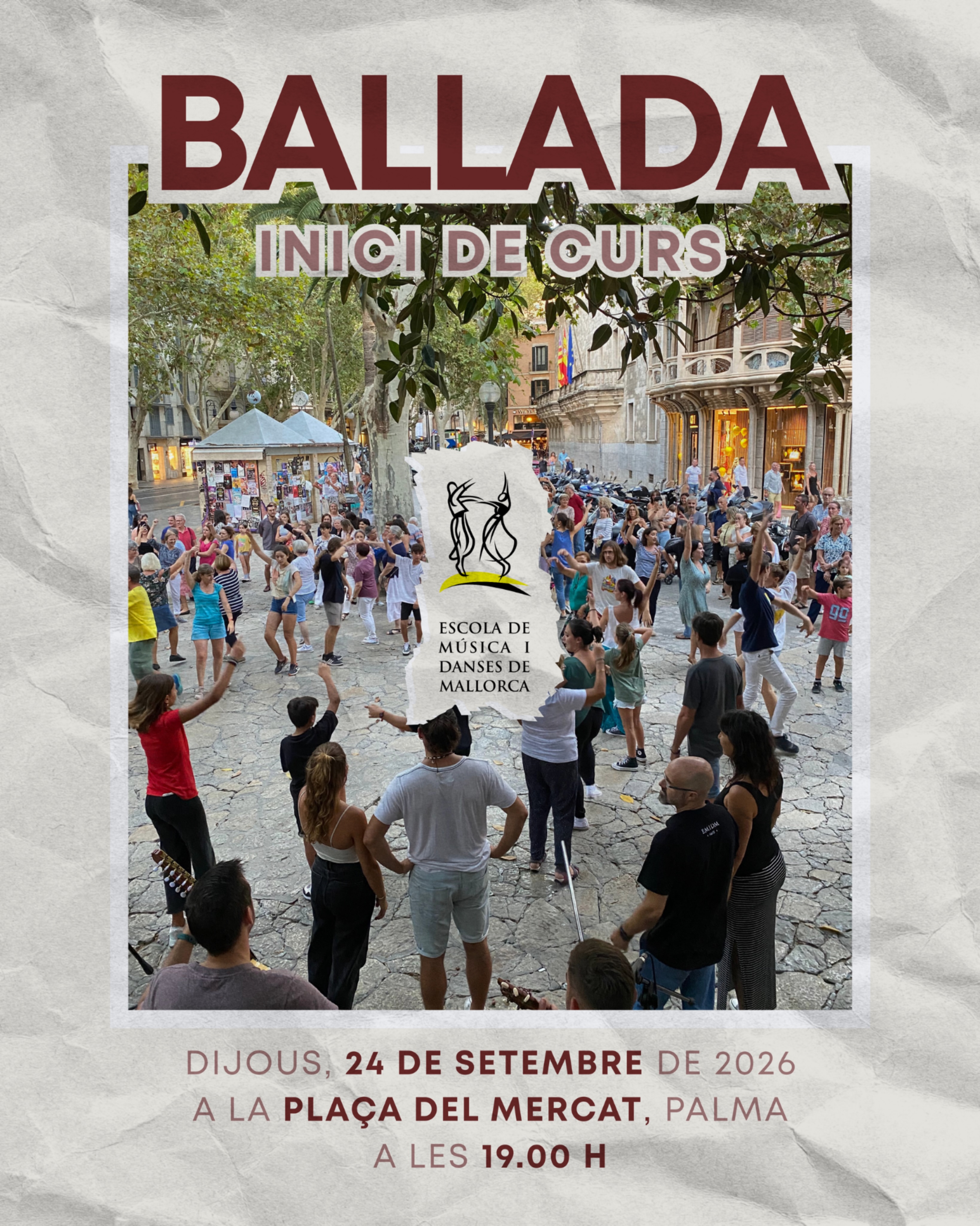 Dia 1 d’octubre començarem un nou curs a l’Escola de Música i Danses de Mallorca i, com cada any, li volem donar la benvinguda amb una ballada a la plaça del Mercat. 🥰
Reserva’t el pròxim 24 de setembre i vine a ballar amb nosaltres! 💃🕺