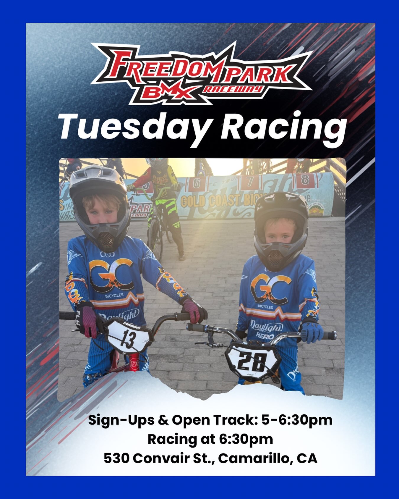 Tuesday racing at Freedom Park BMX🏁
Sign-ups and open track: 5-6:30PM, racing begins at 6:30PM. $15 per racer. All riders welcome!
See you at the track!
#freedomparkbmx #usabmx #bmxracing #venturacounty #camarillo