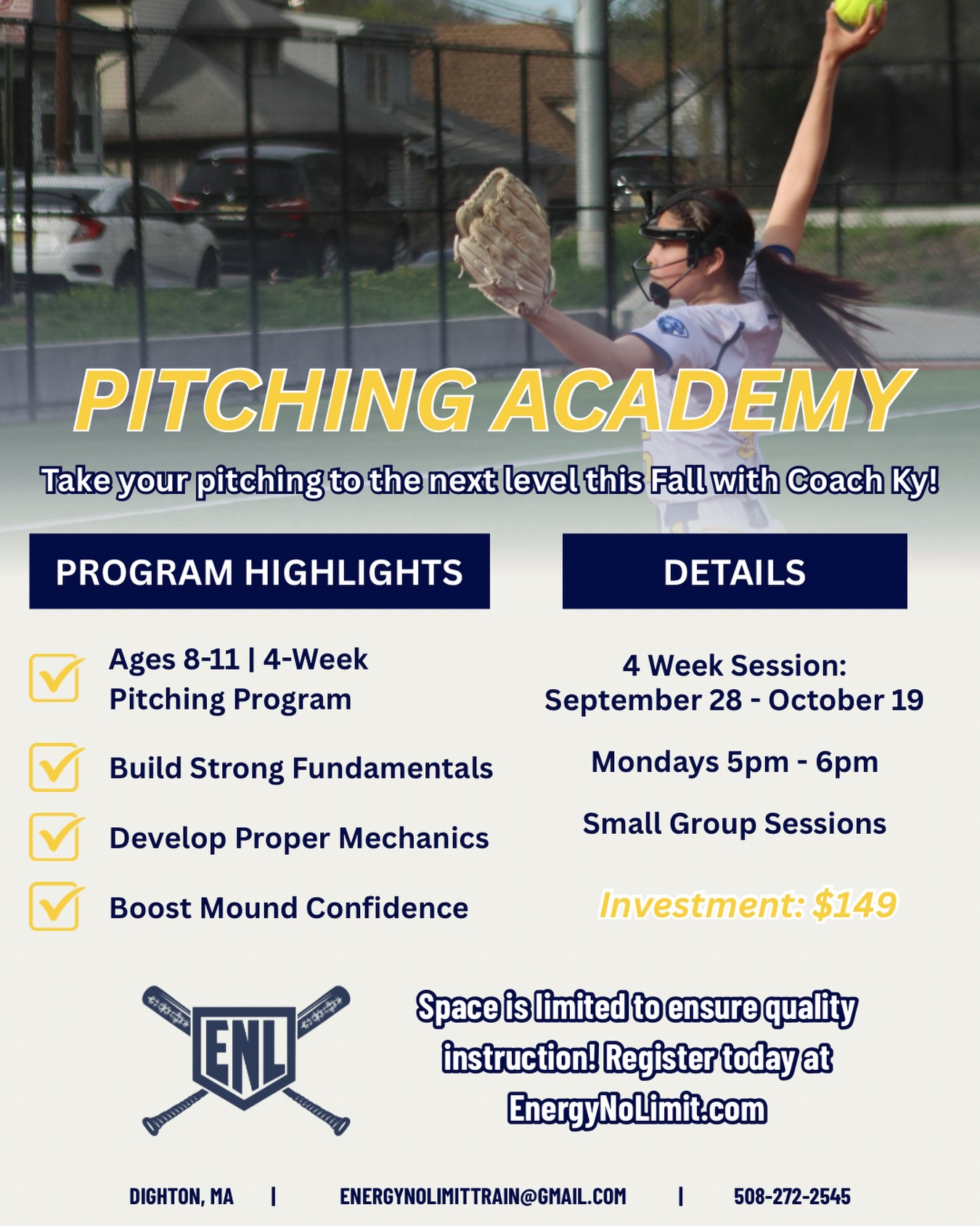 Take your pitching to the next level: https://app.upperhand.io/customers/2200-energy-no-limit/events/207744-fall-softball-pitching-academy-ages-8-11