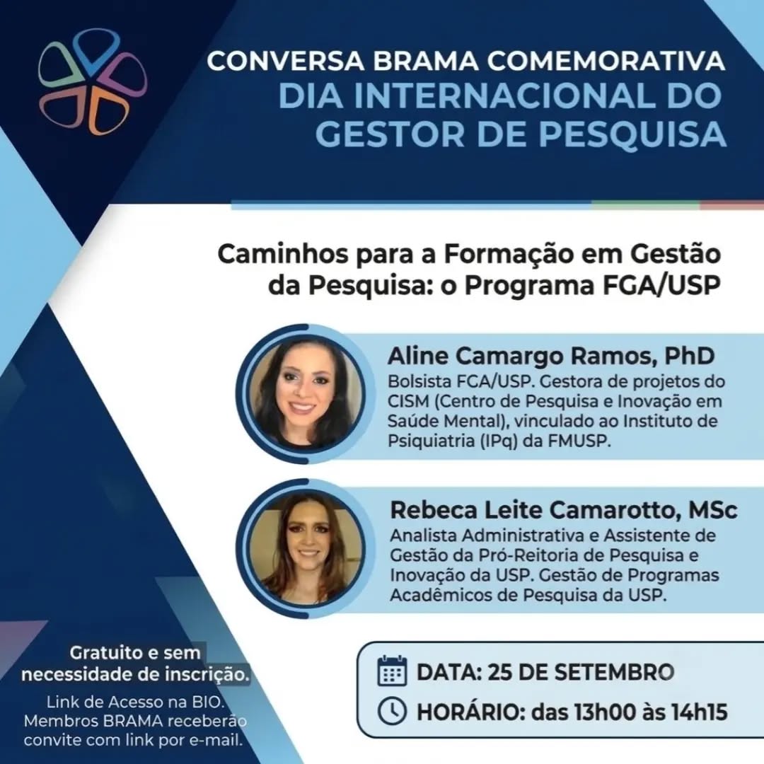 Conversa BRAMA Comemorativa ao Dia Internacional do Gestor de Pesquisa
Para marcar essa data tão importante, convidamos você para um bate-papo especial sobre as oportunidades e desafios do desenvolvimento profissional na área: "Caminhos para a Formação em Gestão da Pesquisa: o Programa FGA/USP"
Contaremos com a presença de duas especialistas para compartilhar experiências práticas e visões do setor:
Aline Camargo Ramos, PhD | Bolsista FGA/USP e Gestora de projetos do CISM (Centro de Pesquisa e Inovação em Saúde Mental - IPq/FMUSP)
Rebeca Leite Camarotto, MSc | Analista Administrativa e Assistente de Gestão da Pró-Reitoria de Pesquisa e Inovação da USP (Gestão de Programas Acadêmicos de Pesquisa)
Data: 25 de setembro
Horário: 13h00 às 14h15
Evento GRATUITO e sem necessidade de inscrição prévia!
🔗 Como participar:
Geral: Acesse o link disponível na BIO.
Associados BRAMA: Você receberá o convite com o link de acesso direto no seu e-mail cadastrado.
Nos vemos lá!
#GestaoDePesquisa #BRAMA #FGA #USP #PesquisaCientifica