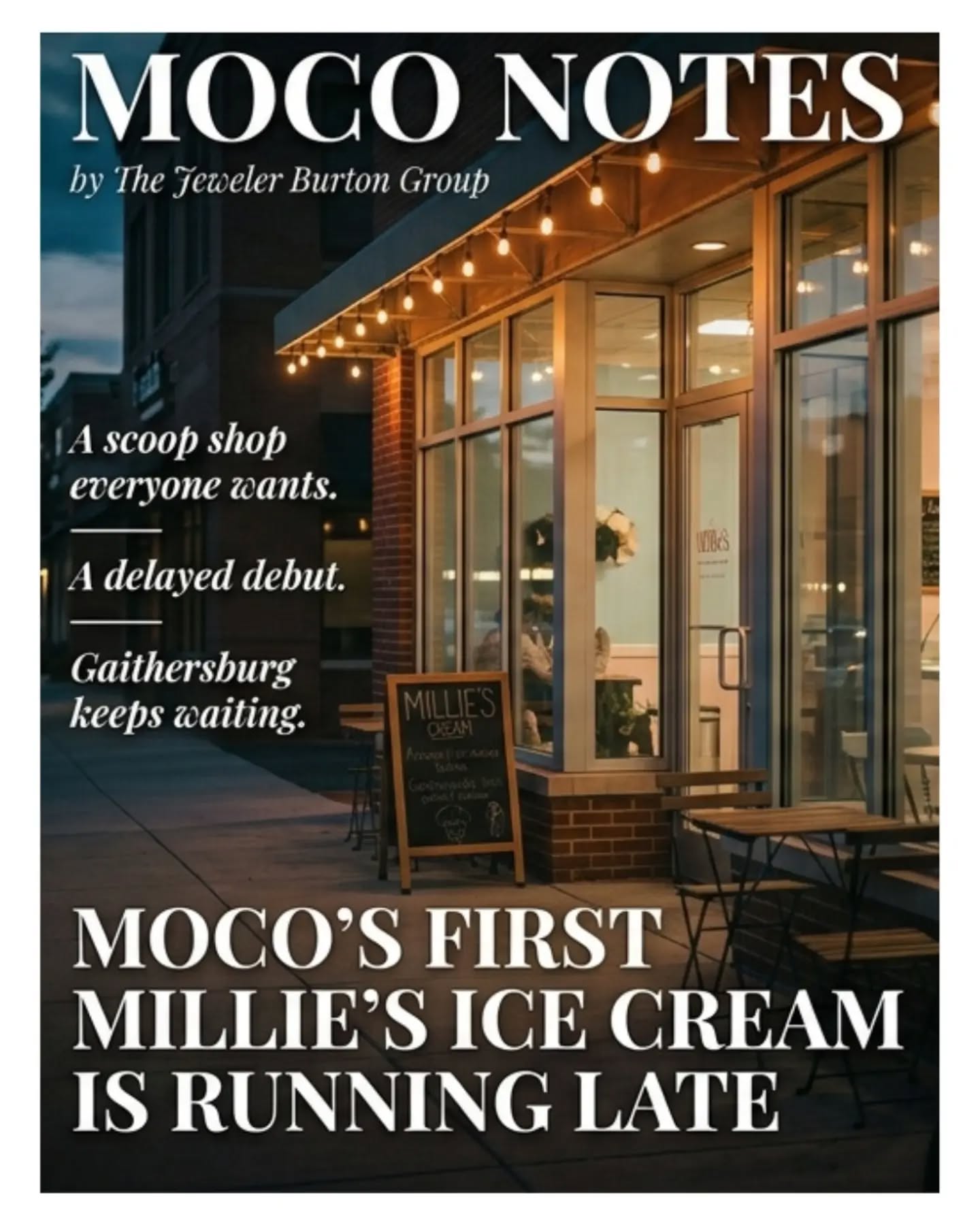 Montgomery County's first Millie's Homemade Ice Cream was supposed to open its doors on September 10. It didn't happen, and no new date has been set.
The Pittsburgh scoop shop is opening at Downtown Crown in Gaithersburg, its first location anywhere in the Maryland or DC region, run by Frederick County local Usha Volate as Millie's first Maryland franchise partner.
If you've been counting down the days, you're going to have to wait a little longer. We'll let you know the second a new date drops.
More info on our latest article follow the link in bio.
#JewelerBurtonGroup #CompassRealEstate #MoCoNotes