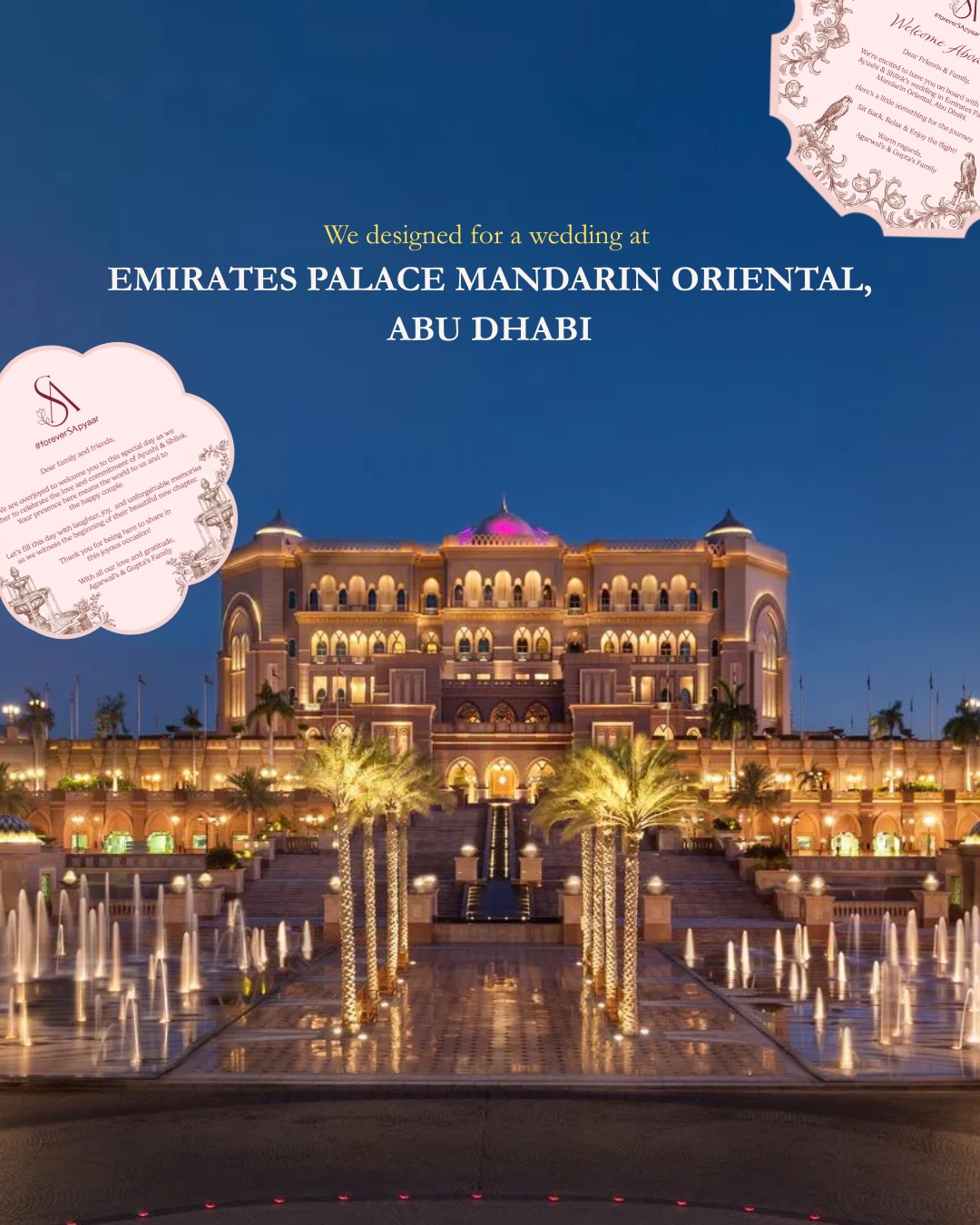 Ayushi & Shllok’s wedding was entirely inside the palace. So the stationery became a little guide to the palace itself.
Planner @mosaiceventsbyrajbatra
Venue @mo_emiratespalace
A Good Night card left on the pillow, for a pause before the next celebration.
Team Bride and Team Groom, with a camel bride in a veil and a groom in a safa. You had to pick a side.
A Lift Guide that had a falcon sitting on suitcases over the dunes.
A Wedding Signage with the entire palace sketched in.
And an itinerary that held the fountains, the arches, the celebration.
Illustrated in our signature line style, in burgundy and blush.
Planner guidelines on the inside. Our look on the outside.
Designed at Akansha Design Studio, Jodhpur
Venue: Emirates Palace, Abu Dhabi
For stationery that looks like your venue — DM “PALACE”