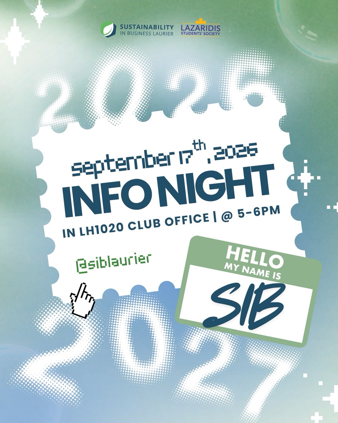 Your ticket to a sustainable future starts here!🎟️🌱
Join us for the SIB Info Night to discover what we have planned for the year, meet our executive team, and learn how you can get involved with sustainability on campus! 🌍💚
📅 Thursday September 17, 2026
⏰ 5:00–6:00 PM
📍 Laz LH1020 Club Office
No prior business or sustainability experience is needed - just bring your ideas and enthusiasm. See you there! 🌿
#wilfridlaurieruniversity #sustainability #lazaridis #getinvolved #laurier
