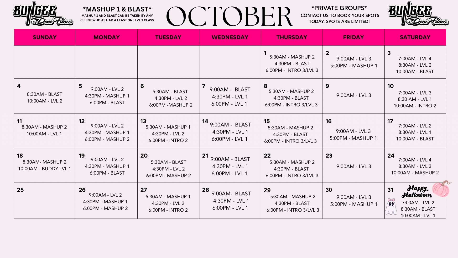 🎃 OCTOBER SCHEDULE IS LIVE!! 🎃
PRIVATE GROUP SEASON IS HERE!! 🩷
Grab your girls, coworkers, family, birthday crew, bridal party — whoever you want to fly with — and BOOK YOUR PRIVATE GROUP! 👯♀️✨
Spots fill up FAST, especially this time of year, so don’t wait until the last minute! Pick your date, get your group together, and let’s get you in the studio!
Not ready for a private group? We’ve got plenty of regular classes on the October schedule too!! There’s a spot for beginners AND our bungee girls who are ready to level up. 🔥
📲 Check the schedule & BOOK YOUR SPOT TODAY!
You know you’ve been wanting to try it… THIS IS YOUR SIGN. 🩷
