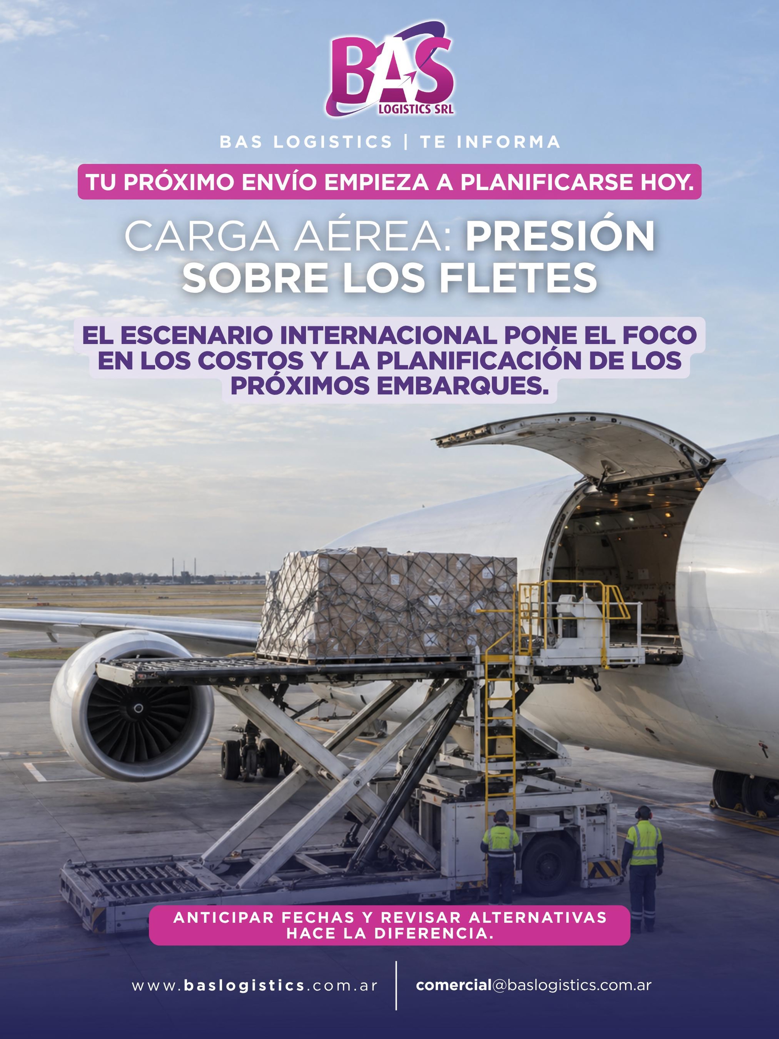 ✈️ Carga aérea: anticiparse hace la diferencia.
A la presión sobre los fletes internacionales se suman las restricciones por obras en Ezeiza, del 25 de octubre al 11 de noviembre, con suspensiones anunciadas por algunas aerolíneas.
Si tenés importaciones o exportaciones previstas, adelantá la planificación: revisá fechas, disponibilidad de espacio y alternativas para tu carga.
En BAS coordinamos cada etapa de tu operación para ayudarte a prever estos cambios y tomar decisiones a tiempo.
📩 Escribinos y planifiquemos tus próximos embarques.
#BASLogistics #CargaAérea #Ezeiza #ComercioExterior #LogísticaInternacional