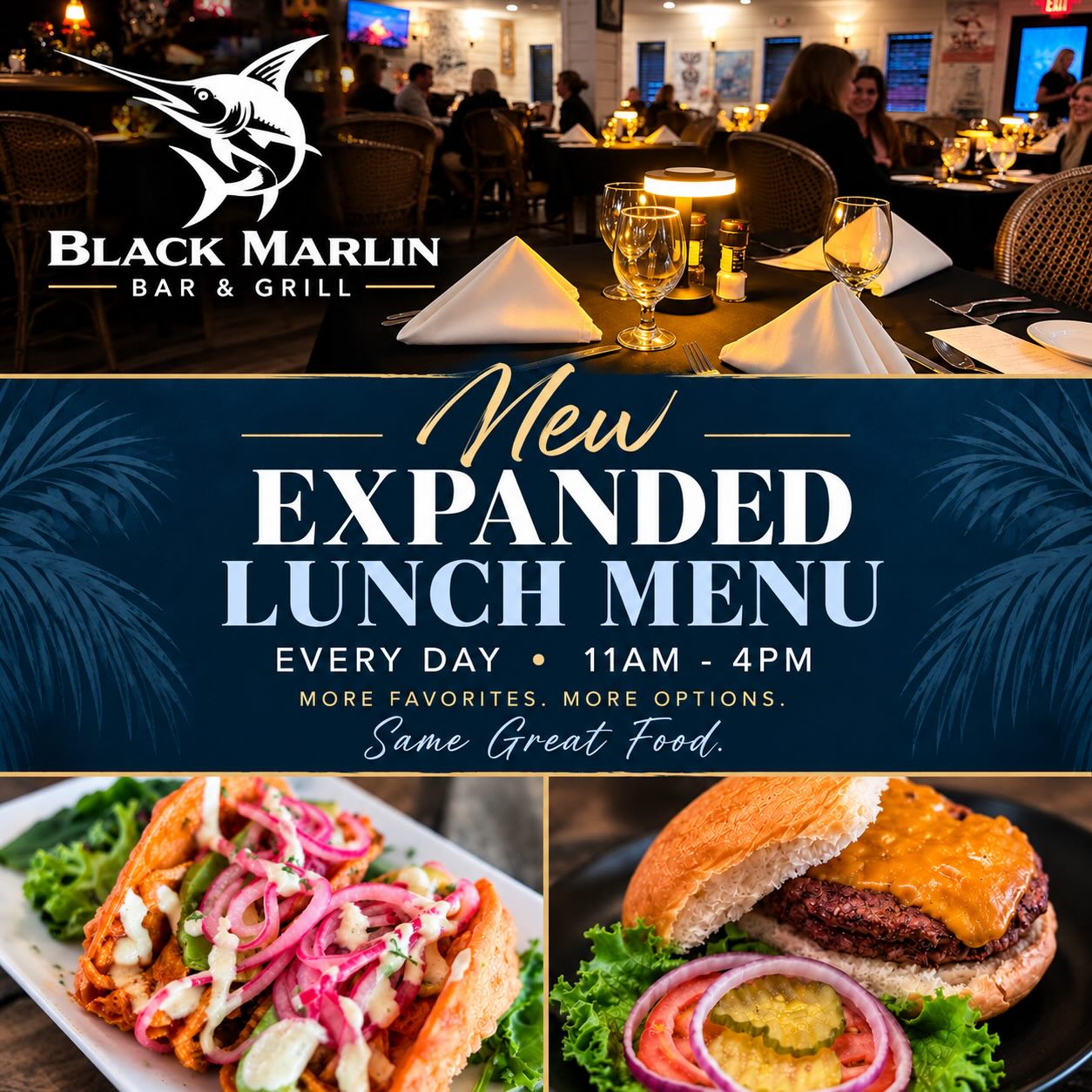 Lunch just got a whole lot better at Black Marlin! 🌴🍽️
We’ve expanded our lunch menu with more favorites, more options, and plenty of reasons to stop by hungry. Whether you’re craving something light, something hearty, or just a great lunch in Port A, there’s something waiting for you.
☀️ Lunch served EVERY DAY from 11AM–4PM
Come check out the new menu and find your new favorite!
📍 Black Marlin Bar & Grill • Port Aransas, TX