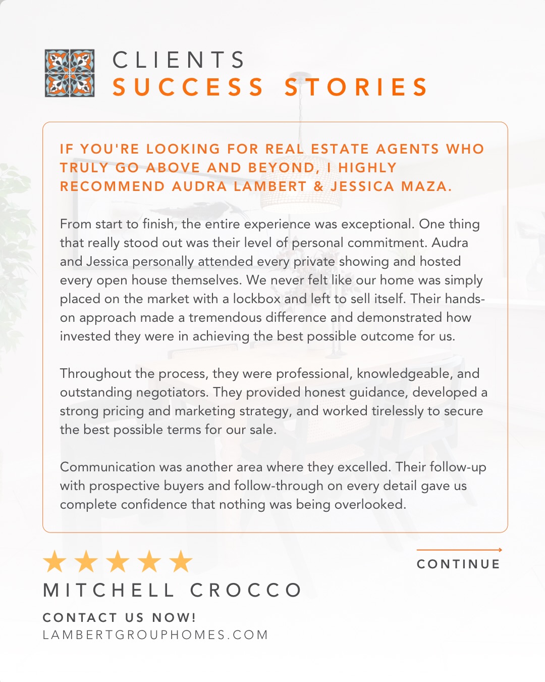 Going above and beyond isn’t an extra. It’s how we believe real estate should be done. 🤍
This review means so much because it speaks to the work that happens beyond the listing photos and SOLD sign.
Jessica and I personally attended every private showing and hosted every open house because we never wanted our sellers to feel like their home was simply placed on the market and left to sell itself.
From developing the pricing and marketing strategy to following up with prospective buyers, negotiating terms, communicating consistently, and staying on top of every detail, we were invested from beginning to end.
Thank you, Mitchell, for trusting Jessica, myself, and the entire Lambert Group with your home. Your recommendation and these incredibly kind words mean more to us than you know. ❤️
And a special shoutout to Jessica Maza for the commitment and hard work she brought to this sale. This is what teamwork looks like! 👏
Audra Lambert | Realtor®
DRE 01909872
📞 (949) 697-2232
📧 audra@lambertgrouphomes.com
Capistrano Realty
#clienttestimonial #realtorlife #homeselling #orangecountyrealestate #realestateagent