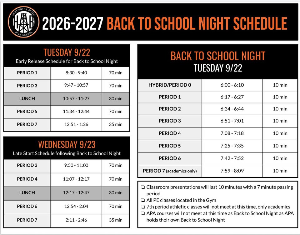 Oiler families!! We’re excited to see you at Back to School Night next Tuesday! See you then🧡🖤
Students- dont forget to give your parents/guardians your schedule for that night!! They need your periods and classroom numbers so they can attend all your classes!