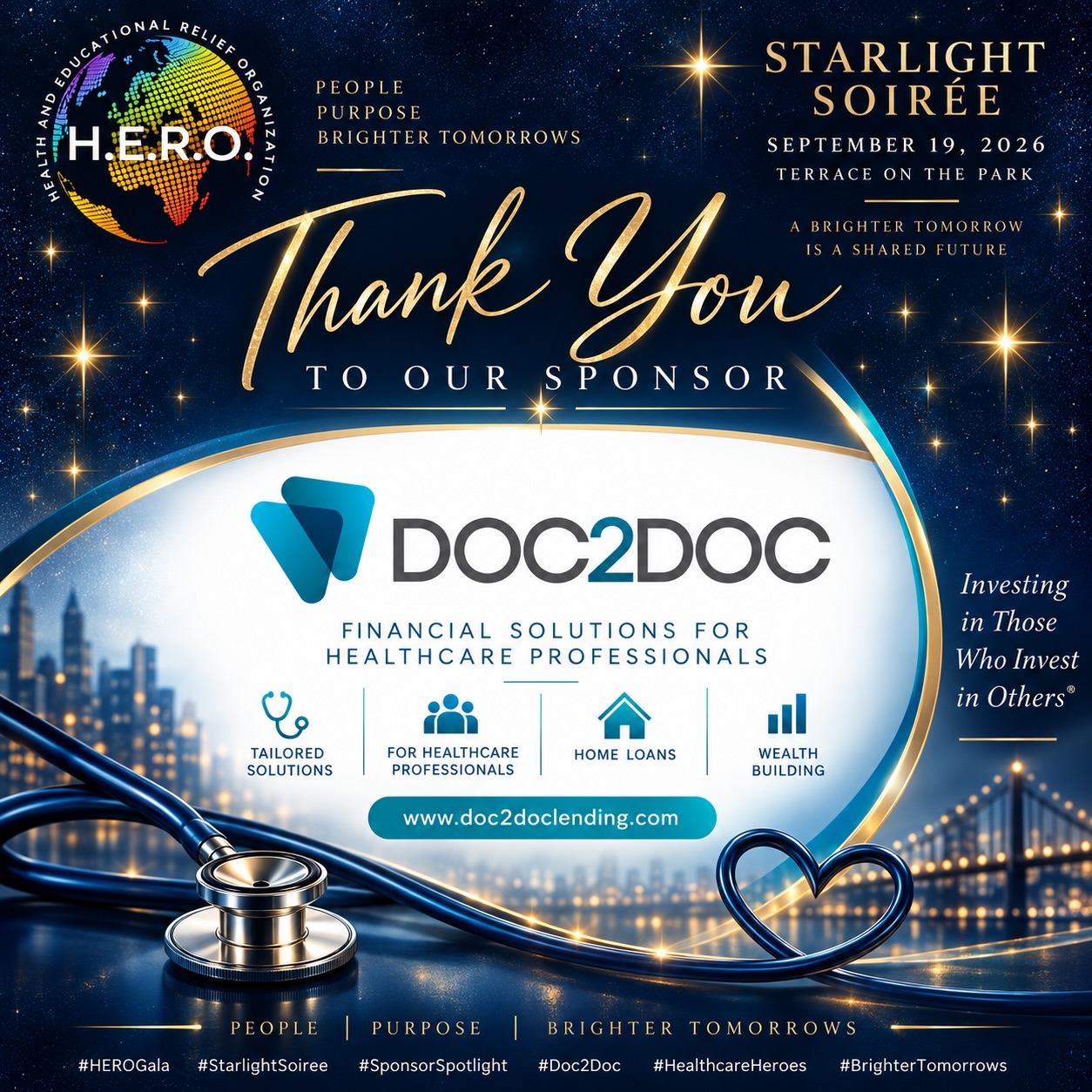 🌟 SPONSOR SPOTLIGHT | DOC2DOC 🌟
H.E.R.O. extends a heartfelt THANK YOU to DOC2DOC for supporting our Starlight Soirée and the work we continue to do in the communities we serve. 💙✨
DOC2DOC provides financial solutions designed specifically for physicians and healthcare professionals, helping those who care for others achieve their own financial goals.
We encourage our H.E.R.O. family, friends, and supporters to support the businesses that support our mission! Learn more about DOC2DOC and their services at doc2doclending.com (https://www.doc2doclending.com/)
Thank you, DOC2DOC, for investing in those who invest in others—and for helping H.E.R.O. create brighter tomorrows! 🌟
#HEROGala #StarlightSoiree #SponsorSpotlight #DOC2DOC #HealthcareProfessionals HealthcareHeroes SupportOurSponsors HEROInc BrighterTomorrows