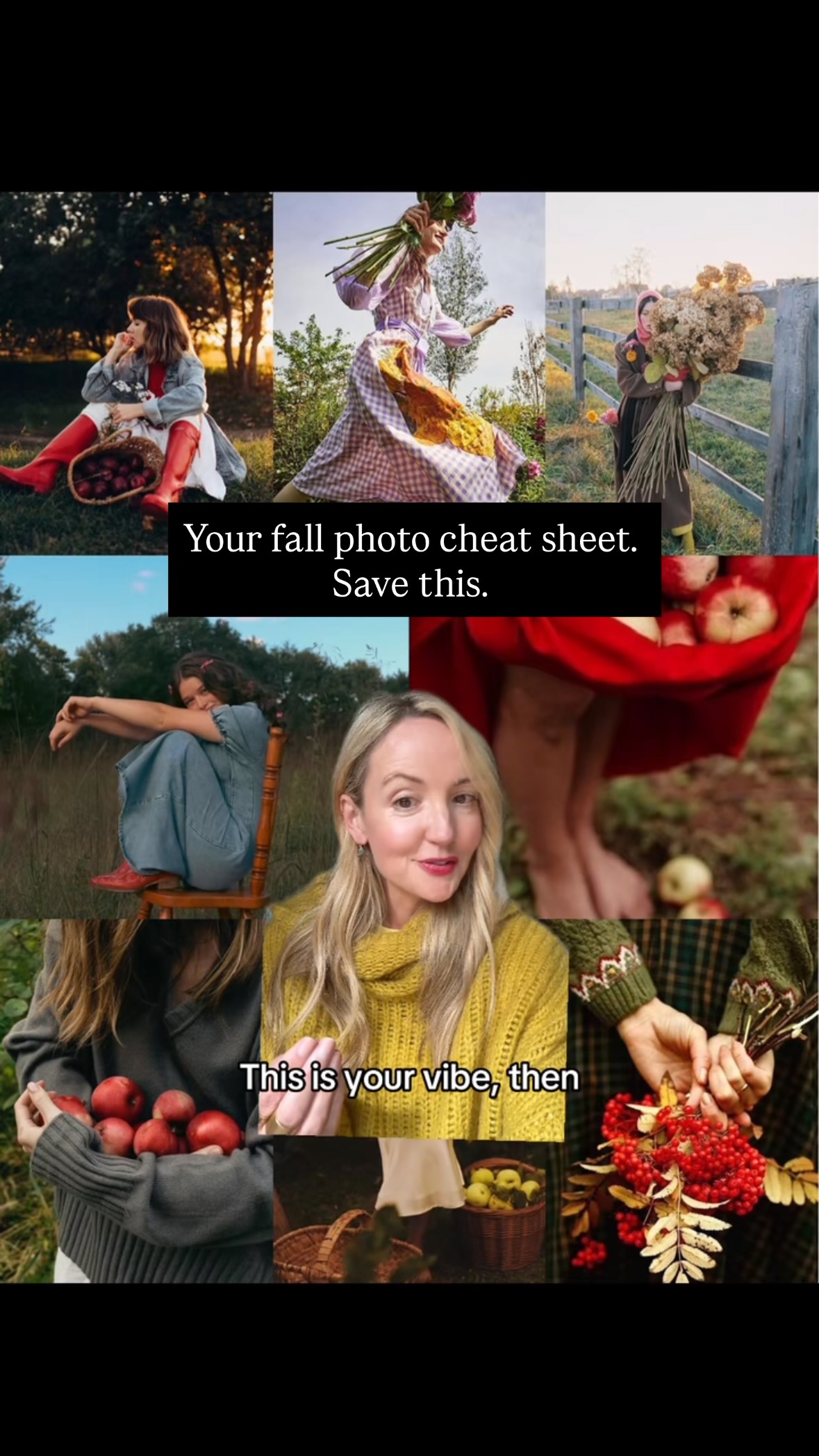 Save this. 🍂 Your cheat sheet to fabulous fall photos.
THE LIGHT
Golden hour, sun low, coming in from the side
Shadows are as important as the brightness
Overcast equals even, rich, no harsh shadows
Avoid midday, flat light, flat mood
Lower your exposure manually and let it go darker than feels comfortable
WHERE YOU’RE STANDING IN RELATION TO THE LIGHT
Light behind you, glowing, atmospheric, silhouette potential
Light in front of you, direct, expressive, face fully lit
Light from the side, shadow and depth, most dimensional
Try all three in the same spot before you move
COLOR
Is there one dominant color or many
Are you matching the environment or contrasting it
Warm and golden, reds, oranges, ambers deepened
Moody and desaturated, pull back the color, lift the shadows
Rich and verdant, greens deep, shadows full
High contrast black and white, when light and texture are doing everything
WHAT’S IN THE FRAME
Props, foraged not purchased, apples, herbs, branches, fabric
Layers, something in front of you, you in the middle, season behind
Texture, wilted, crumpled, unruly, imperfect is the point
Background, is it adding or competing
WHAT’S BEEN LEFT OUT
Cropped tight, face and light only
Body cut at an unexpected place
Background simplified to just color and blur
MOTION
Something falling or being released
Hair lifting, fabric moving, grasses blowing
You still, world moving around you
You mid-motion, world still
THE FEELING
Abundance, overflowing, spilling, held
Releasing, dropping, falling, letting go
Turning, mid-movement, between one thing and the next
Rooted, still, grounded, present in the season
The Fall 2026 Photo Challenge starts tomorrow and this is exactly what we’re making together over the next six weeks. Come make these real with us. Link in bio. 🍂