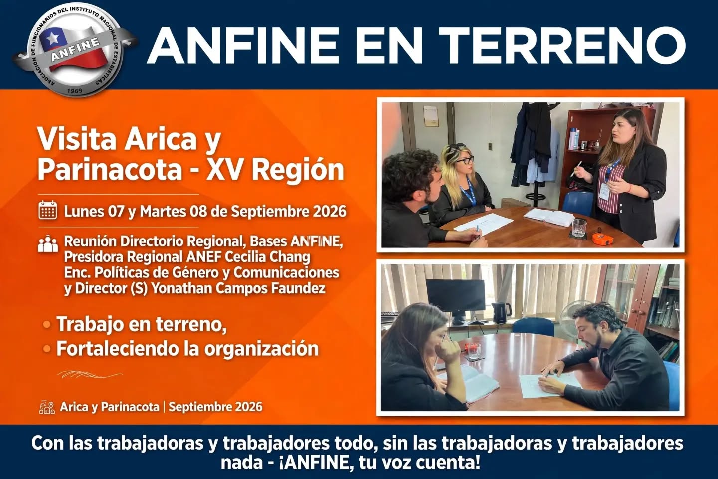ANFINE EN TERRENO
Visita Arica y Parinacota - XV Región
Lunes 07 y Martes 08 de Septiembre 2026
En el marco de nuestro despliegue nacional, el Directorio Nacional ANFINE realizó una visita oficial a la Dirección Regional de Arica y Parinacota durante los días lunes 07 y martes 08 de septiembre.
Comenzamos la jornada del lunes 07 con una visita y presentación protocolar para entregar información y detallar el itinerario de nuestra visita.
Ese mismo lunes 07, en dependencias INE, sostuvimos una reunión informativa que contó con la presencia del presidente regional de la ANEF de Arica y Parinacota, Don Carlos Castro, y de la Directora Regional de ANEF de Arica y Parinacota, Encargada de Políticas de Género y Comunicaciones, Cecilia Chang, como parte del Consejo Regional de ANEF.
El martes 08 de septiembre durante la jornada de la mañana, tuvimos audiencia con el Director Regional (S), señor Yonathan Campos Faundez, con el fin de sostener una reunión de trabajo con la Presidenta y directora Nacional ANFINE.
Agradecemos la buena disposición y las facilidades administrativas para el desarrollo de nuestro programa.
Esperamos pronto contar con un Delegad@ Anfine.
Seguimos en terreno, de Arica a Magallanes, cumpliendo nuestro compromiso de estar donde están las y los funcionarios.
Con las trabajadoras y trabajadores todo, sin las trabajadoras y trabajadores nada.
¡ANFINE, tu voz cuenta!
Directorio Nacional ANFINE
www.anfine.cl
#ANFINE # ANEF #INE