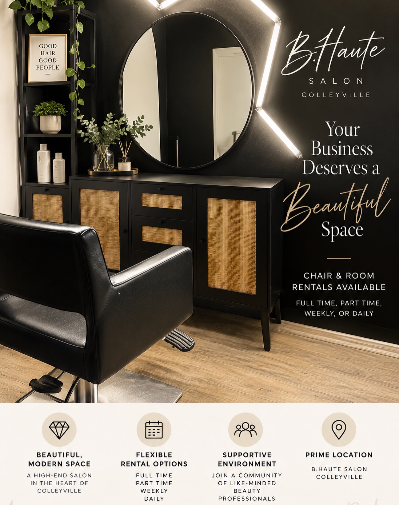 Looking for a salon space that works with YOUR schedule?
B.Haute Salon in Colleyville has rental opportunities available for beauty professionals looking for a beautiful, established space to grow their business without being locked into a one-size-fits-all setup.
Whether you’re ready for a full-time salon home, only need a space part-time, or just need somewhere to work a day here and there, we offer:
• Full-time rentals
• Part-time options
• Weekly rentals
• Daily rentals
We love the idea of creating a space where independent beauty professionals can run their own business while still having the energy and community of a salon around them.
Interested in seeing the space or talking through what would work for you? Send us a message, we’d love to meet you!
📍 B.Haute Salon | Colleyville, TX