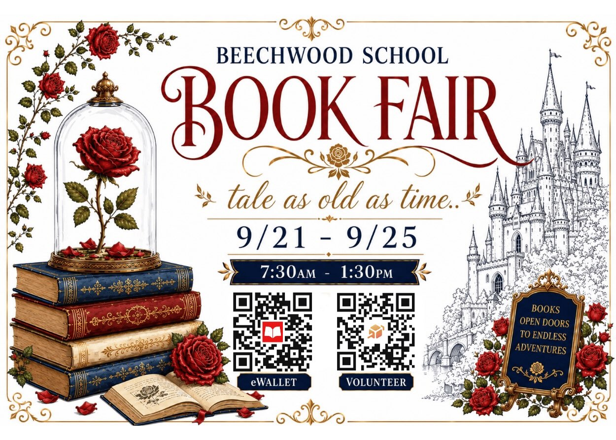 🥀📚Get ready for A Tale as Old as Time!
Our Book Fair is kicking off NEXT WEEK - September 21-25 - and we need your help! Screenshot and scan the QR code above to volunteer. Even a single hour helps - thank you!
We also encourage families to set up an eWallet, so your child can shop independently without needing to bring cash.
See you at the fair 😊