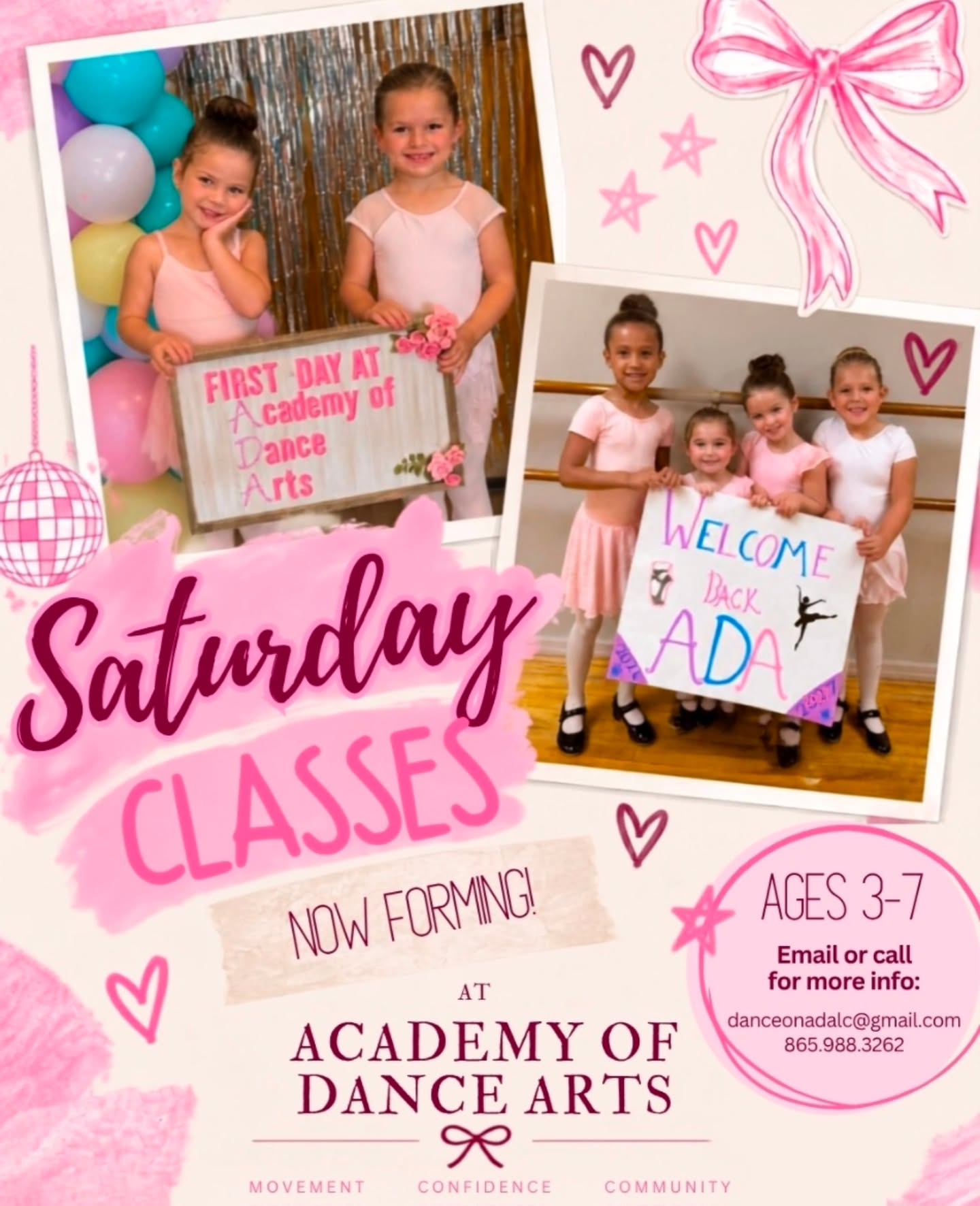 ✨ Saturday Classes are NOW FORMING! ✨
Ages 3–7 💕 Come dance, grow, and make new friends at ADA!
📩 danceonadac@gmail.com
📞 865.988.3262
#AcademyOfDanceArts #SaturdayClasses #LittleDancers #DanceOnADA
