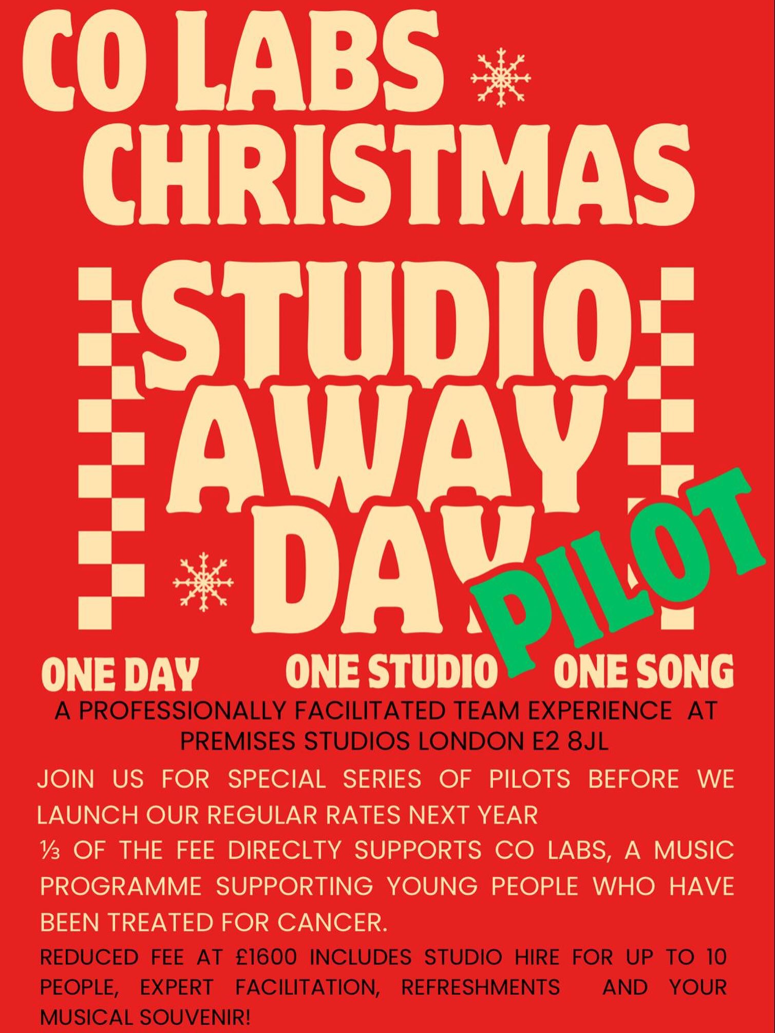 🎄 Fancy doing something a bit different for your Christmas party this year?
This December, we’re opening a small number of Co Labs Christmas Studio Away Day pilots.
Bring your team of up to 10 into a professional London recording studio for the day. With a producer, music therapist and Co Labs artist, you’ll write, perform and professionally record your own Christmas song.
No musical experience required. In fact, possibly better if there isn’t any!
A little bit about why we’re doing this…
Co Labs is a social enterprise supporting young creatives who have experienced cancer and other long-term health conditions, helping them rebuild confidence, creative identity and pathways into the music industry.
We’ve spent the last few years creating extraordinary things with our young people — writing and releasing records, working in professional studios, running residentials and creating paid opportunities within the music industry.
Now we’re taking some of what we’ve learned about creativity, collaboration, confidence and connection and bringing it into the workplace.
Our corporate Studio Away Days have been developed as a way of generating sustainable income for our social enterprise, while creating something genuinely valuable for teams in their own right.
So this Christmas, we’re testing it.
We’re offering a handful of pilot days at a heavily reduced rate of £1,600 for a team of up to 10, ahead of our full Studio Away Day launch next year.
All we ask in return is that your team is happy for us to capture parts of the day on film, so we can document the experience and share what we’re building.
And a third of every pilot fee directly supports Co Labs’ work with young people, including paid opportunities for our young artists.
One day. One studio. One song.
Your Christmas party sorted.
We only have a handful of pilot dates available.
Interested — or know a team who might be?
Drop me a message or email hello@colabsmusic.com