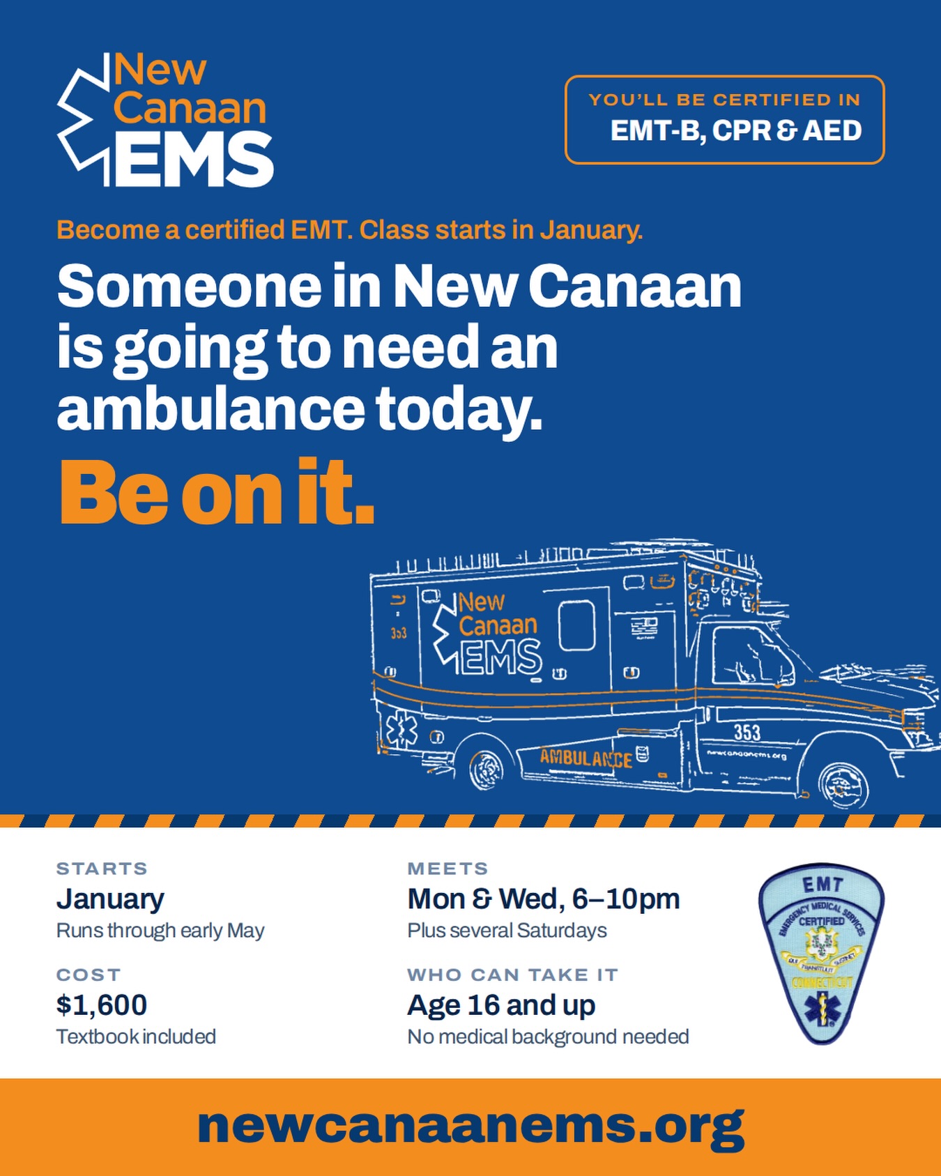 BE THE ONE WHO MAKES A DIFFERENCE! 🚑
Someone in New Canaan is going to need an ambulance today. Why not be the one who helps?
Become a certified EMT-B with New Canaan EMS! Our next class starts in January and includes EMT-B, CPR & AED certification.
📅 Monday & Wednesday, 6–10 PM + several Saturdays
🎓 Age 16+ | No medical background needed
💙 Cost: $1,600 (textbook included)
📆 Runs from January through early May
Ready to make a difference in your community? Learn more and register at the link 🔗 in our bio!
#ncems #newcanaanems #becomeanemt #volunteerems