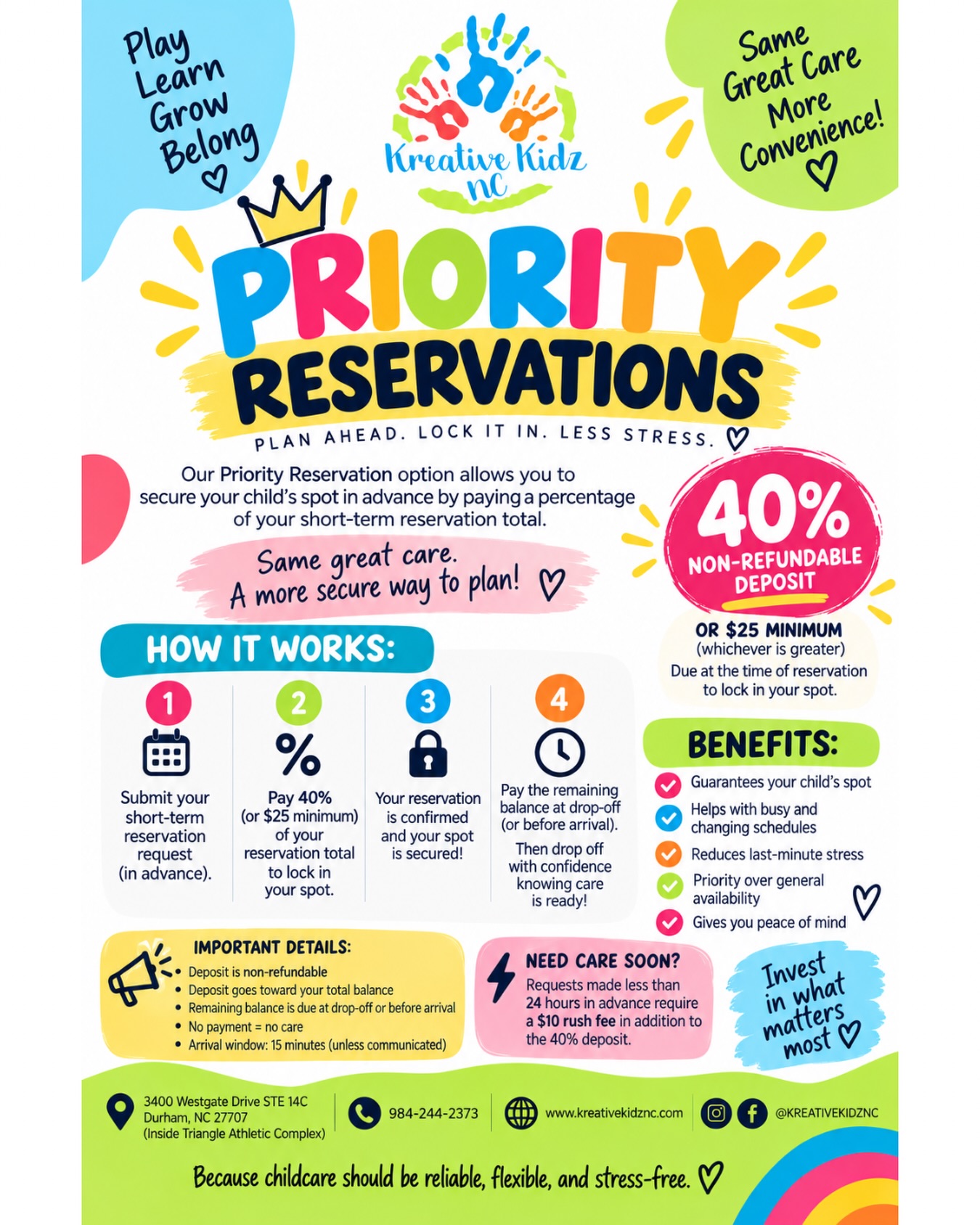 Now Offering Priority Reservations π€©
Planning ahead just got easier! Families can now secure childcare in advance with our Priority Reservation option.
Please note:
β A deposit is required to hold all requested dates
β Reservations are not confirmed without payment
β Limited availability
π² Reserve your dates today
π kreativekidznc.com/priority
Have upcoming dates you need care for? Send us a message! π