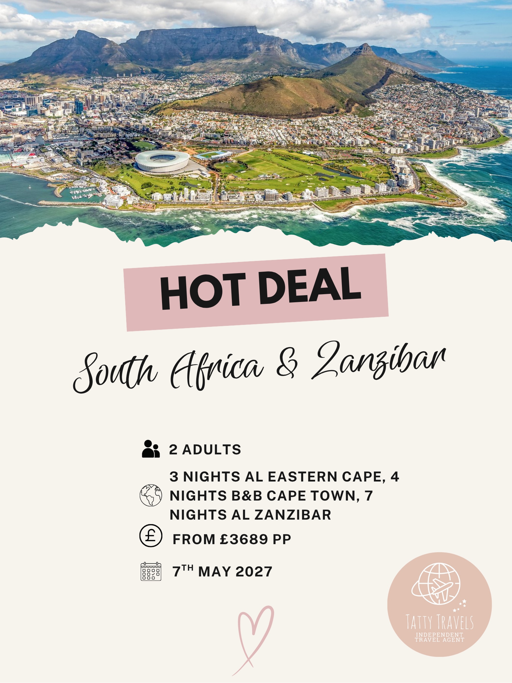 South Africa AND Zanzibar in one unforgettable trip 🌍✨
This one is a serious bucket-list itinerary…
🇿🇦 3 nights Eastern Cape – All Inclusive
🌆 4 nights Cape Town – B&B
🏝️ 7 nights Zanzibar – All Inclusive
✈️ 2 adults
📅 7th May 2027
💷 From £3,689pp
Safari, city, beaches and a little bit of luxury all rolled into one trip 😍
If South Africa & Zanzibar has been on your list, save this one and message me if you want me to price it up for you or look at alternative dates/options. ✈️
#SouthAfrica #Zanzibar #BucketListTravel #TattyTravels