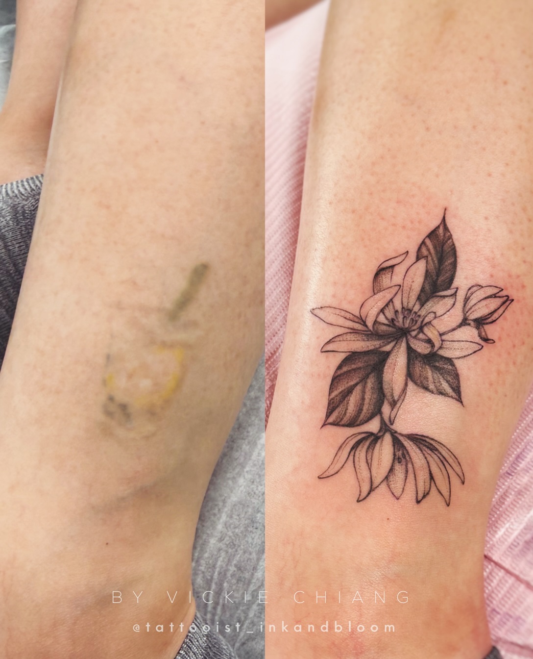 A delicate White Champak flower ankle tattoo for Katie ♡
#coveruptattoos #tattoocoverup #finelinefloral #botanicaltattoo #玉蘭花