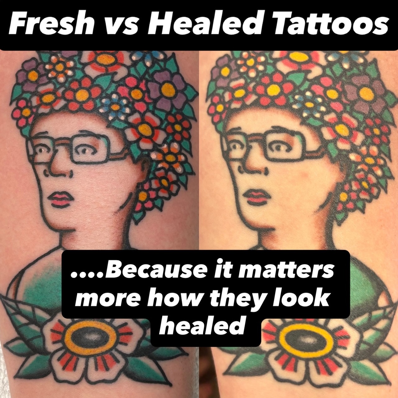 Here's a bunch of tattoos (most of which I posted fresh in the last year or so) and how they've healed with no touchups or photo edits. Obviously I want your tattoos to look great on my feed and in photos, but it matters far more to me how they look on you healed and for the rest of your days!
